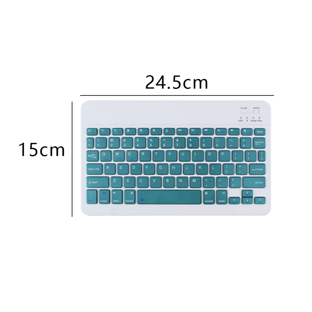 Weiße Tastatur mit türkisfarbenen Tasten. Die Maße 24,5 cm x 15 cm sind angegeben.