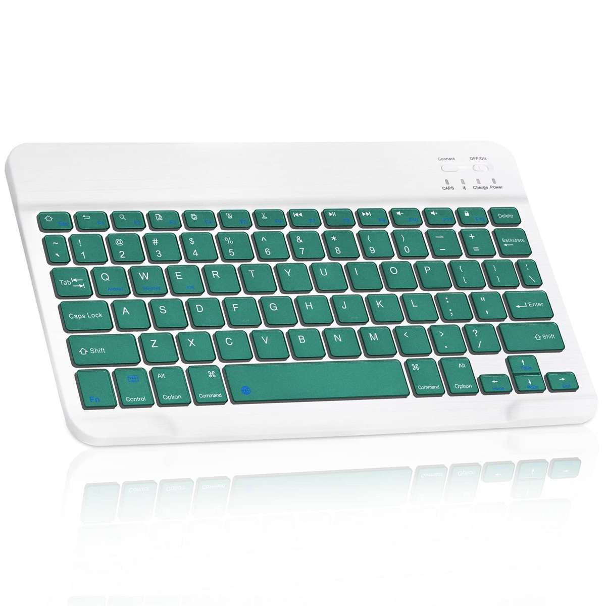 Weiße und grüne kabellose Tastatur mit grünen Tasten, schräge Ansicht.