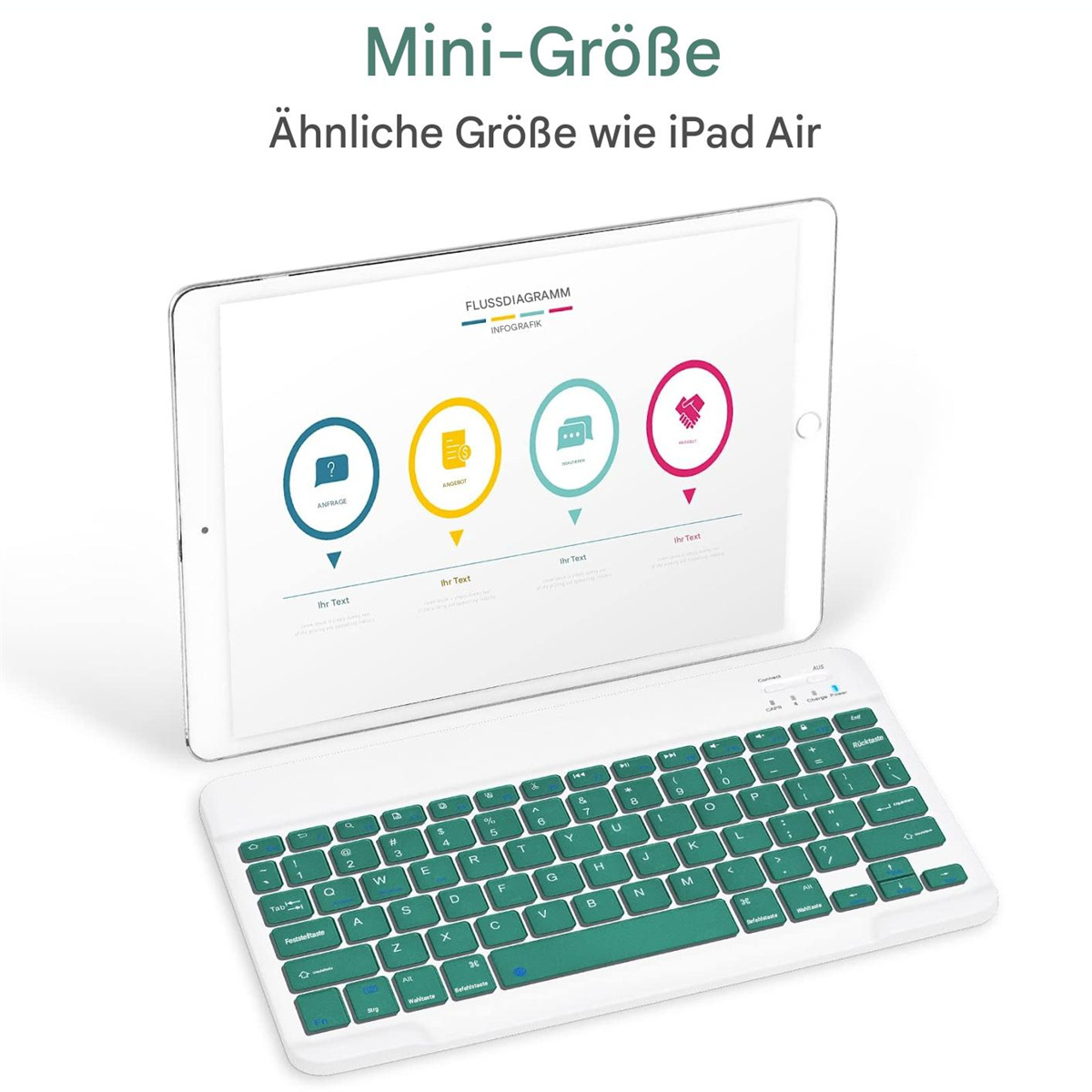 Ein Tablet mit Diagramm auf dem Bildschirm, eine weiße Tastatur darunter, ähnlich einem iPad Air.
