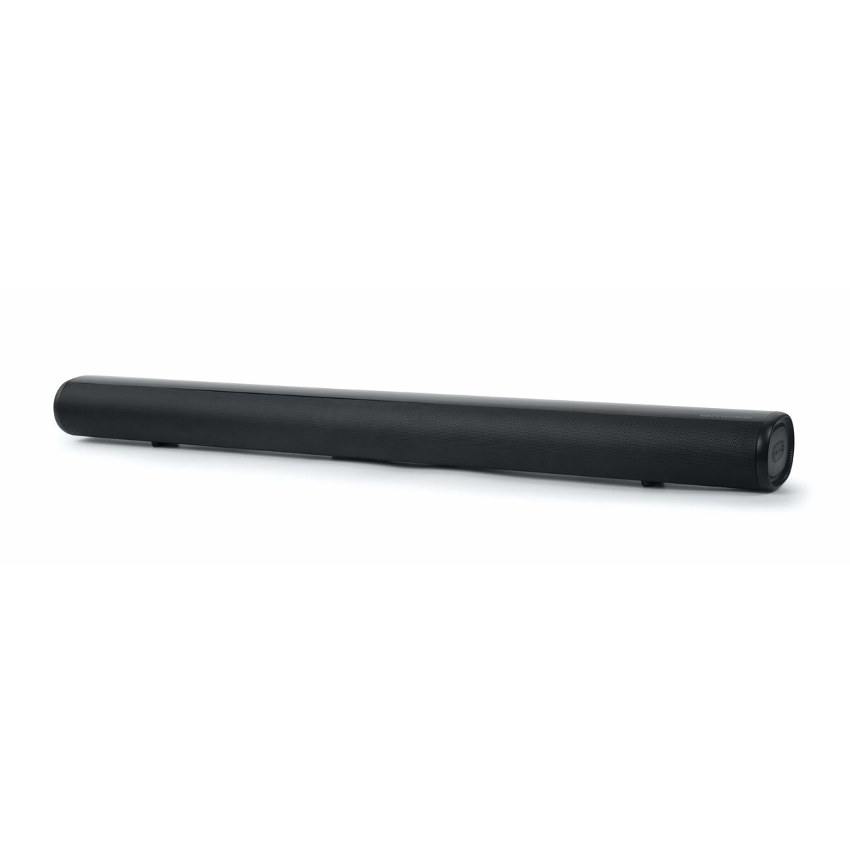 Schwarze Soundbar auf weißem Hintergrund. Sie ist lang und zylindrisch.