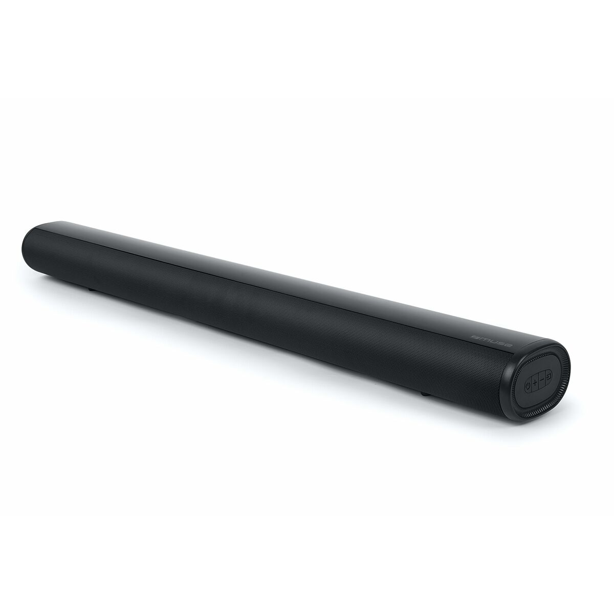 Eine schwarze Soundbar auf einer weißen Oberfläche. Es hat eine lange, horizontale, rechteckige Form.