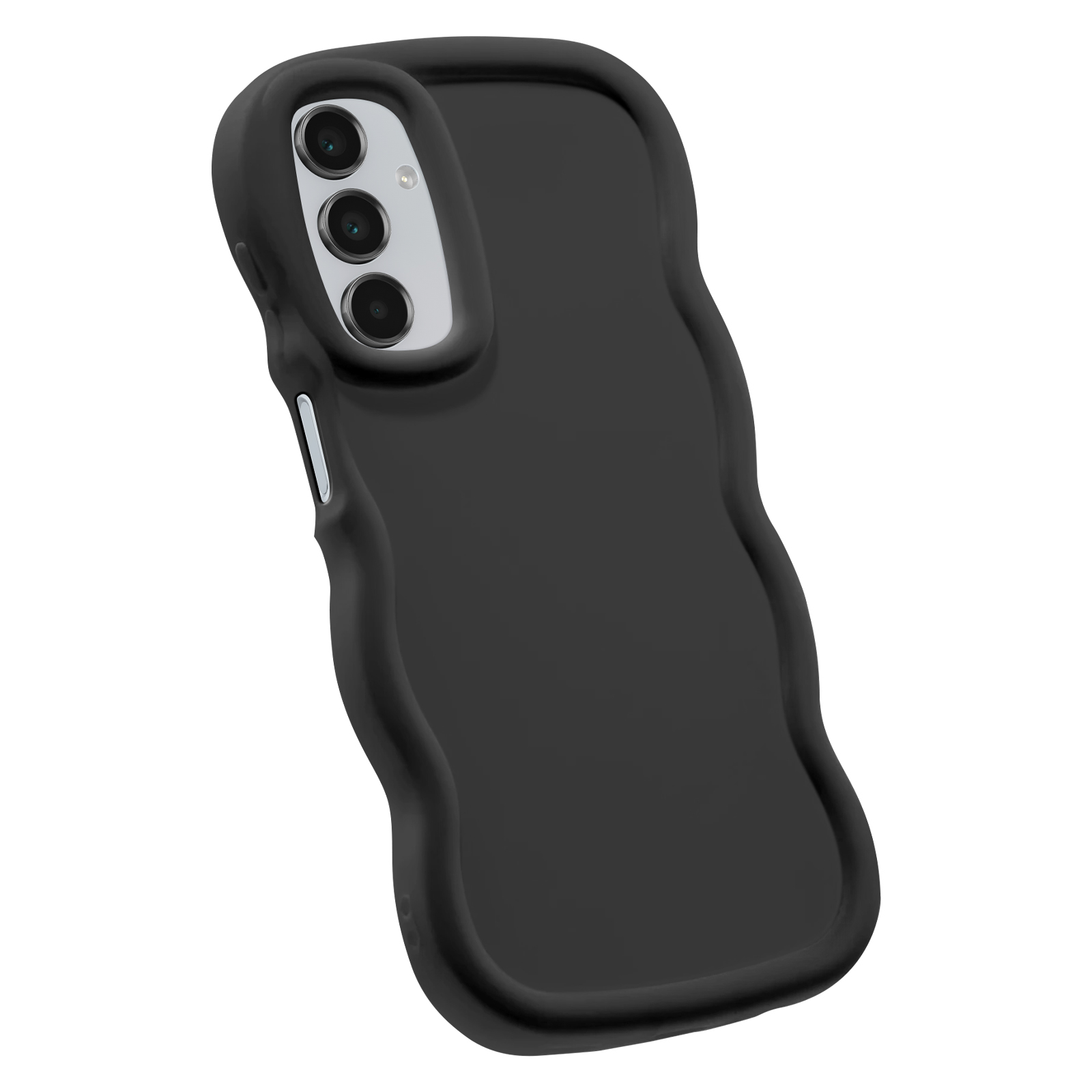 Una custodia per telefono nera con tre lenti della fotocamera e un design ondulato.