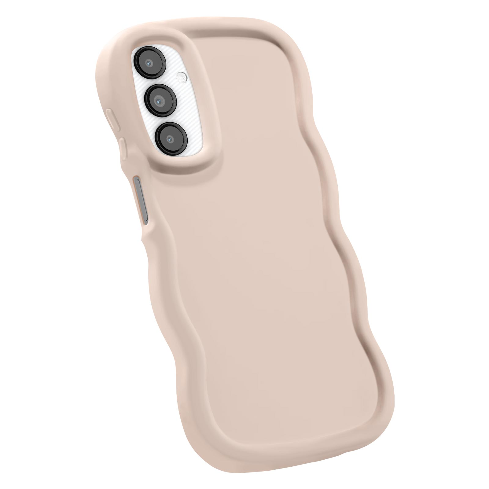 Ein Telefongehäuse wird gezeigt, die Rückseite ist hellrosa mit drei Kameralöchern. Weißer Hintergrund.