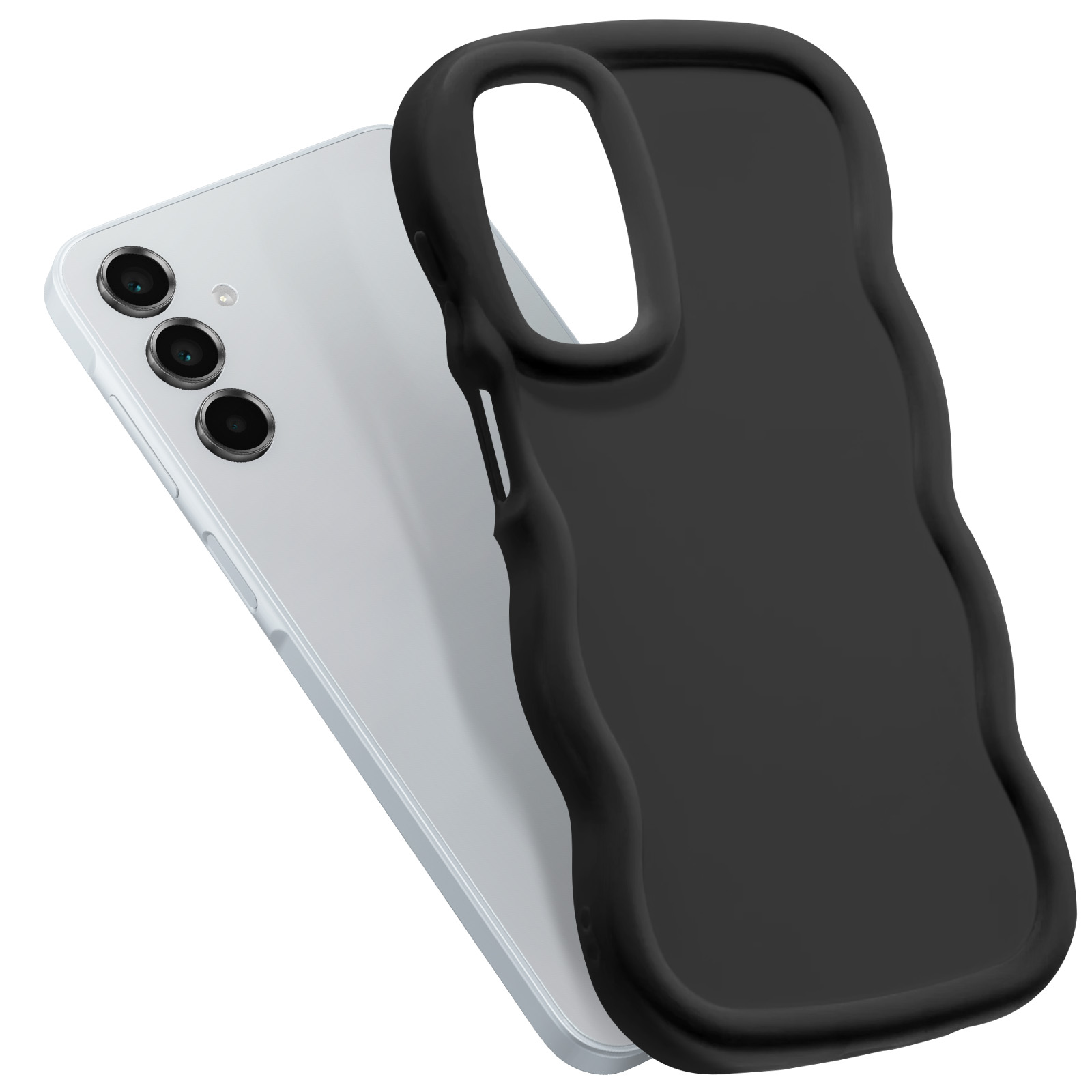 Custodia nera per telefono su telefono bianco, mostrando il retro con lenti della fotocamera.