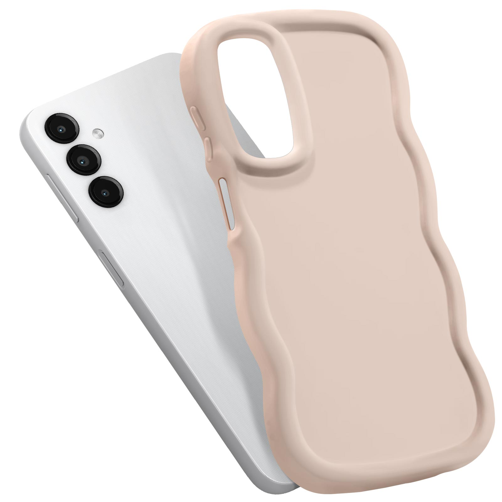 Handyhülle mit pinkem Wellenrand neben einem weißen Telefon mit drei Kameras.