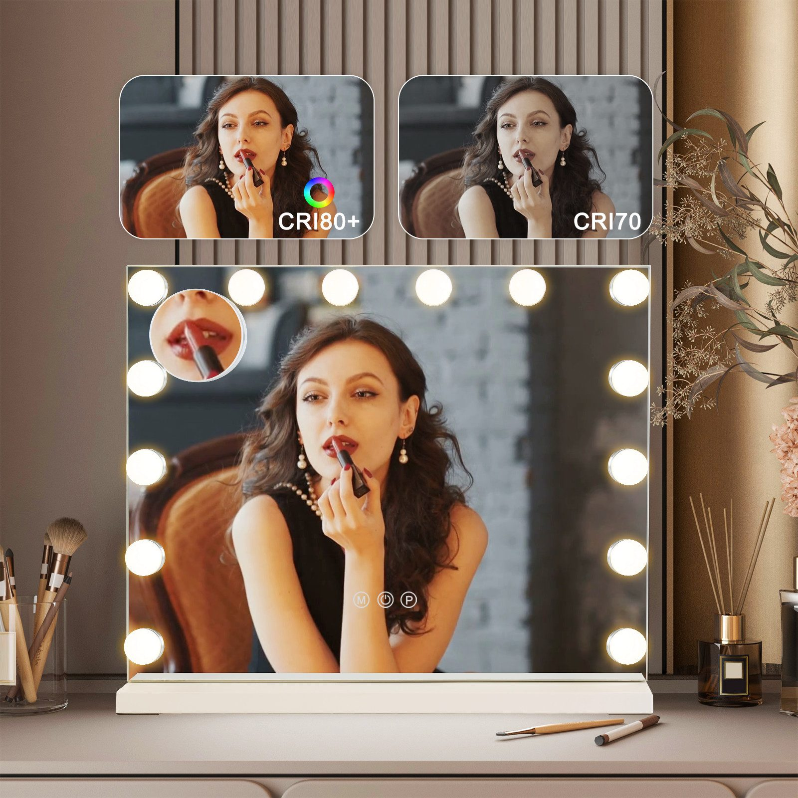 Una mujer se aplica lápiz labial en un espejo. Dos imágenes muestran diferentes configuraciones de luz. Pinceles de maquillaje.