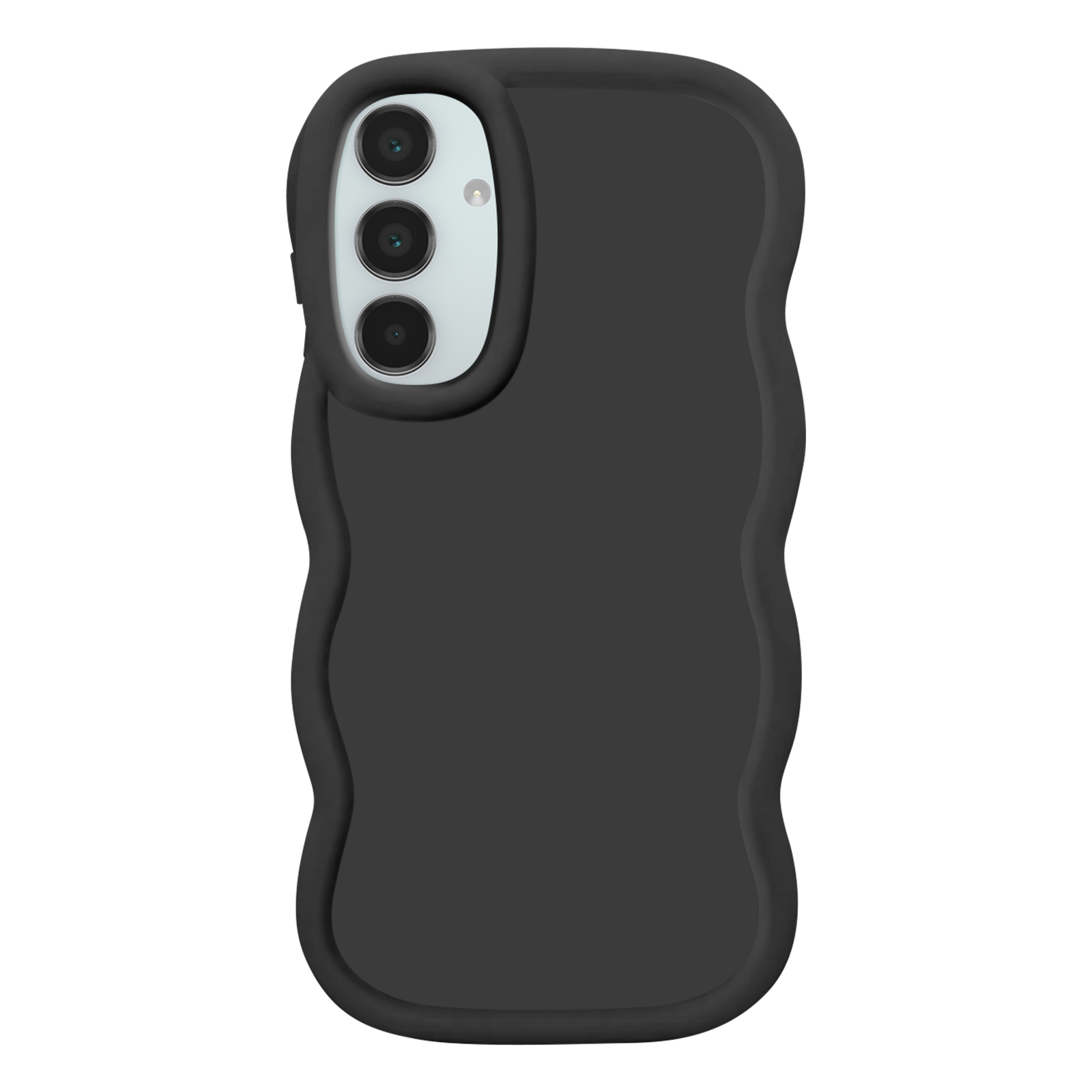 Schwarze Handyhülle mit wellenförmigem Design. Die Hülle hat drei Kameralinsen.