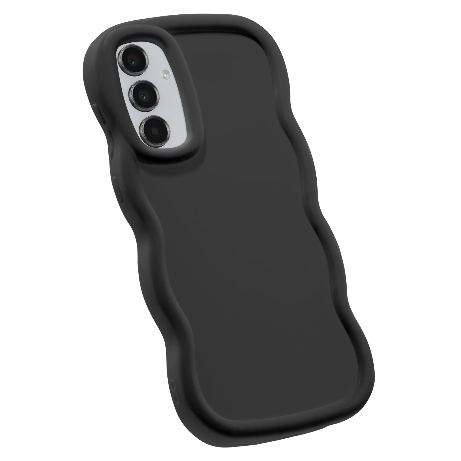 Schwarze Handyhülle, wellenförmiges Design mit drei Kameras. Schwarzer Hintergrund.