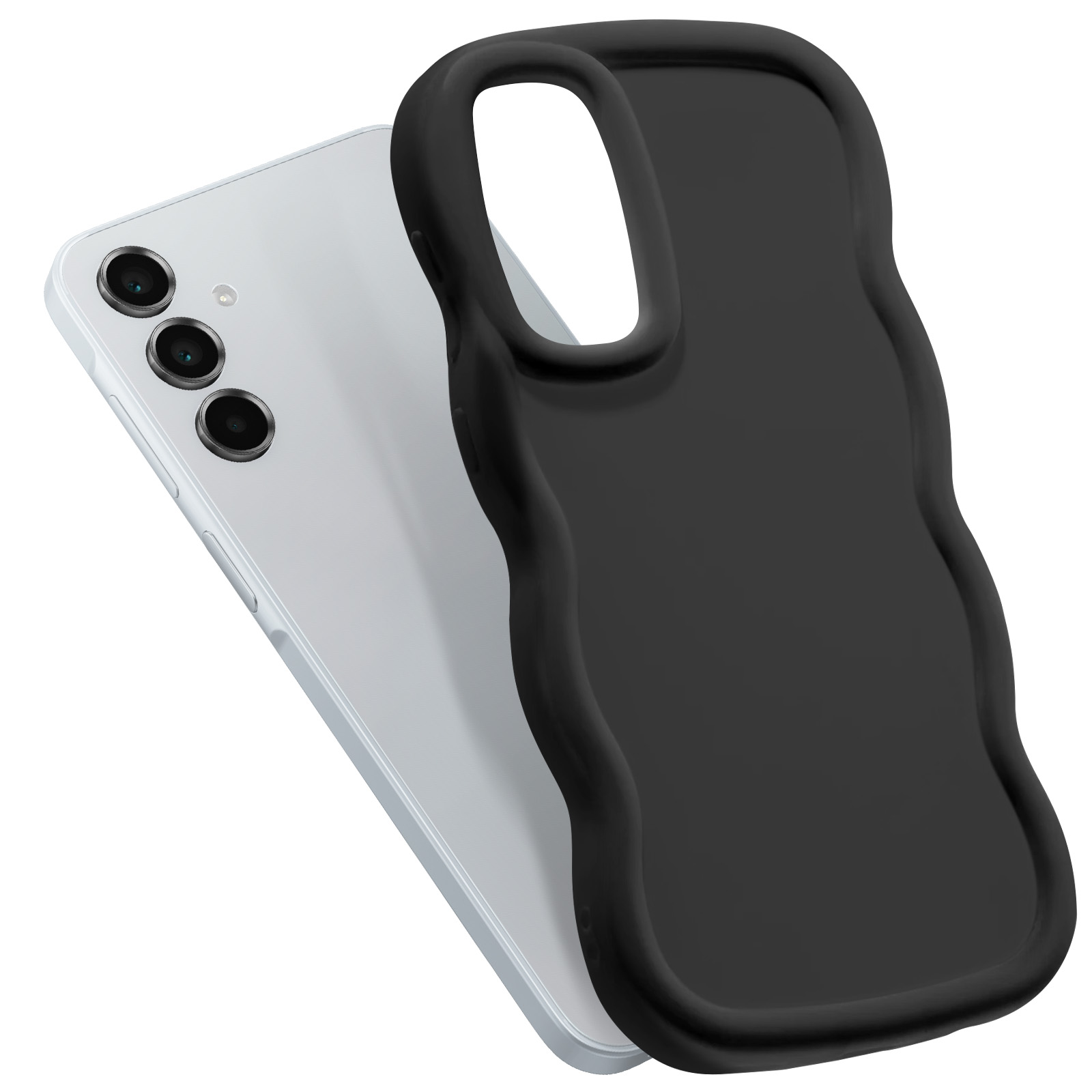 Weißes Telefon mit einer schwarzen, wellenförmigen Hülle obenauf.