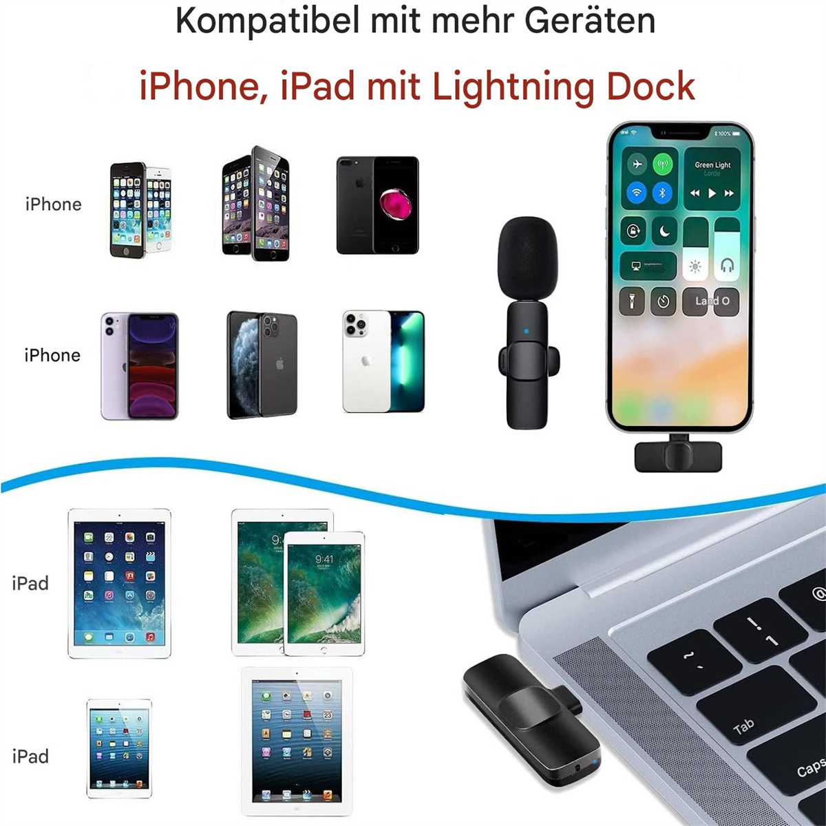 Sortiment an Telefonen und iPads mit Mikrofon und Laptop. Text auf Deutsch.