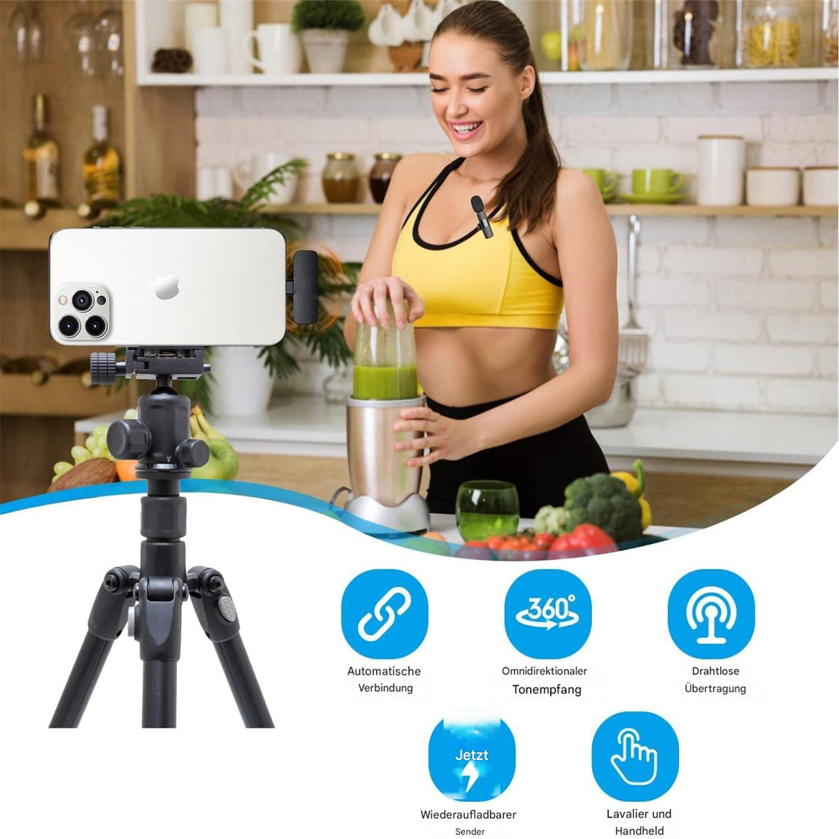 Frau mit Telefon auf Stativ, Mixer. Symbole: automatische Verbindung, drahtlose Übertragung, 360°-Empfang, wiederaufladbar, Lavalier.