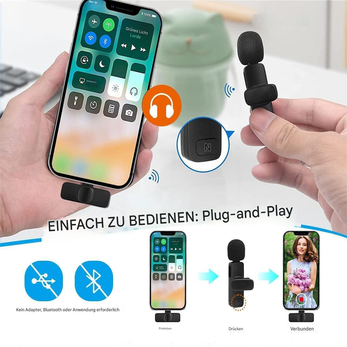 Smartphone mit Mikrofon. Plug-and-Play-Setup und Bluetooth-Symbole.