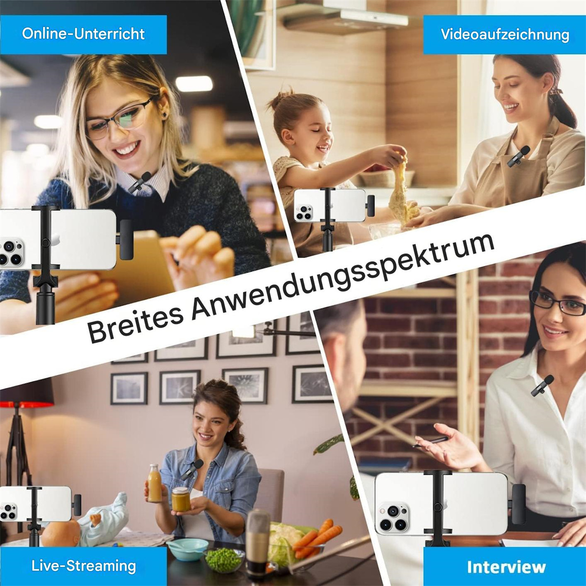 Mehrere Szenen mit drahtlosen Mikrofonen für Online-Unterricht und Interviews.