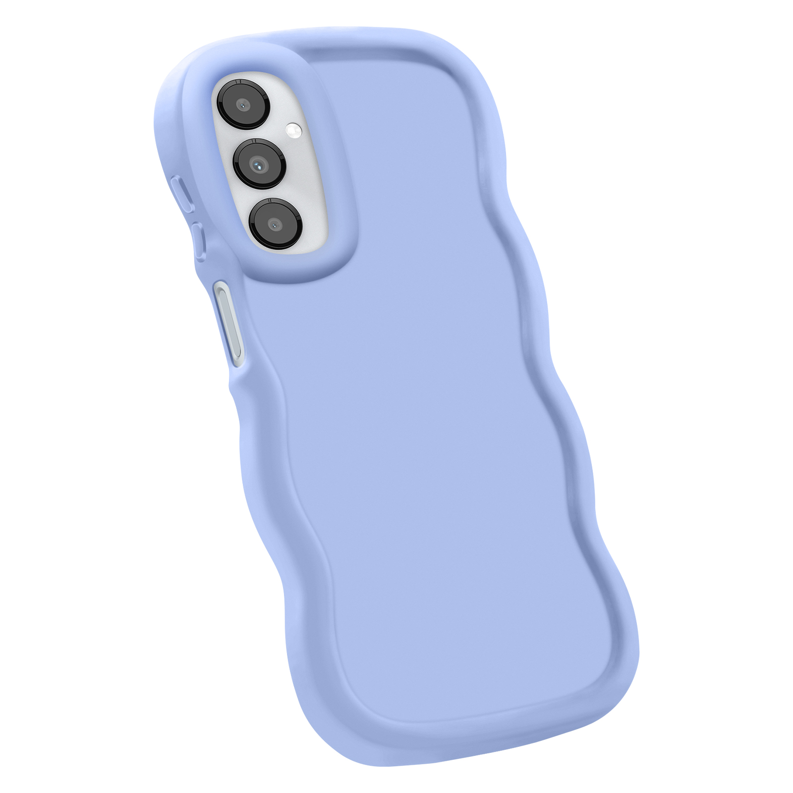 Custodia per telefono azzurra con tre fori per fotocamera e design ondulato.