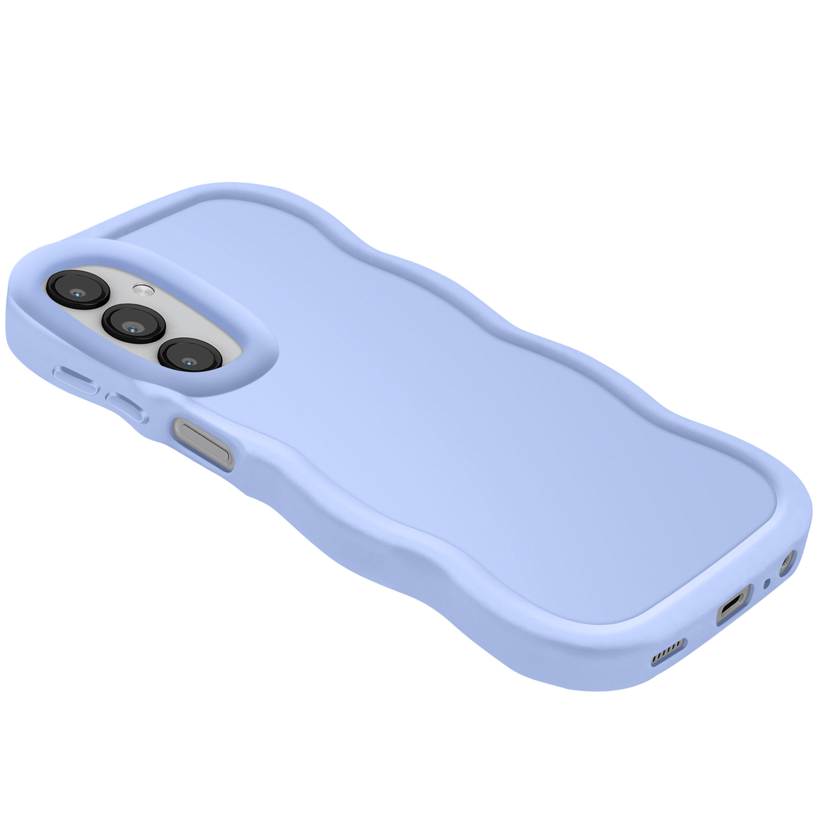 Custodia telefono azzurra con design ondulato, tre obiettivi fotocamera.