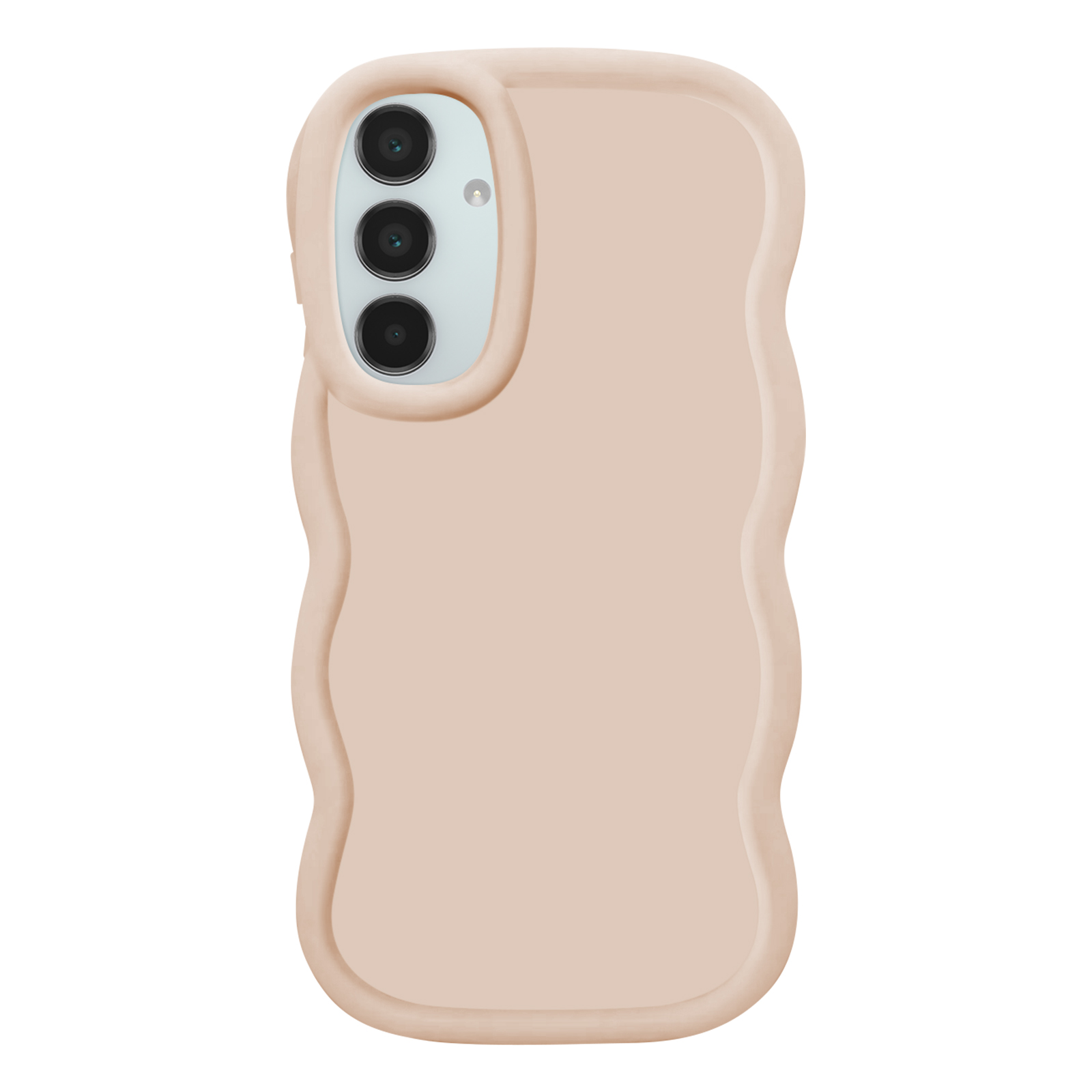 Funda de teléfono melocotón claro con bordes ondulados y tres lentes de cámara.