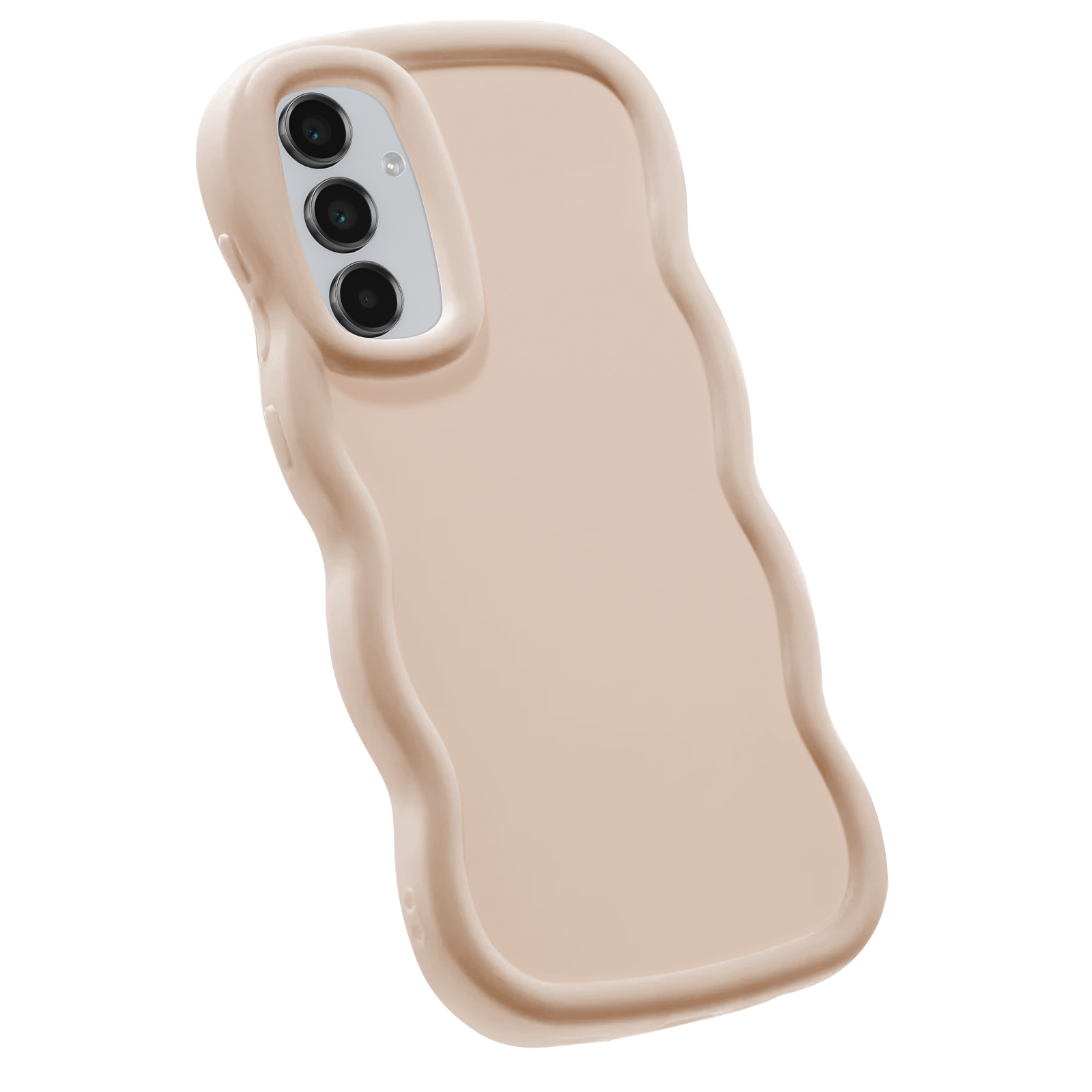 Funda rosa para teléfono con bordes ondulados, múltiples lentes de cámara, fondo blanco.