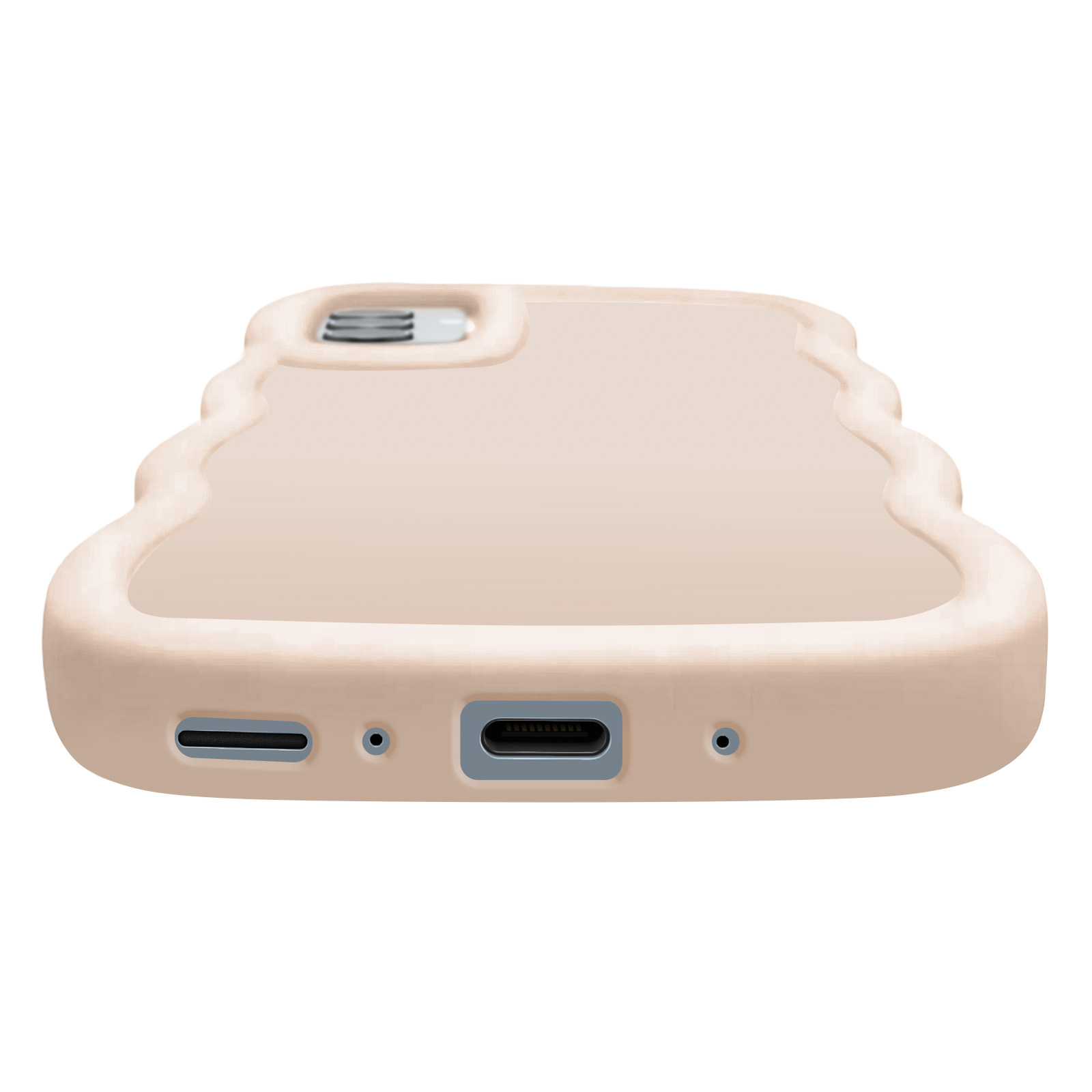 Primer plano de una funda de teléfono beige, mostrando el puerto de carga y la cámara.