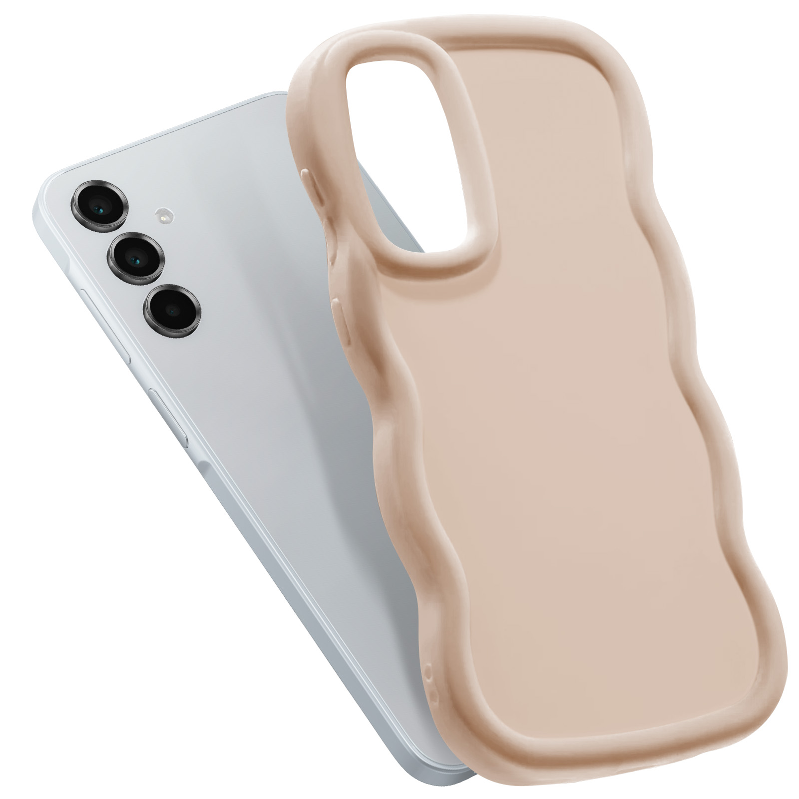 Una funda y un smartphone. La funda es beige y ondulada. El teléfono es plateado con cámaras.