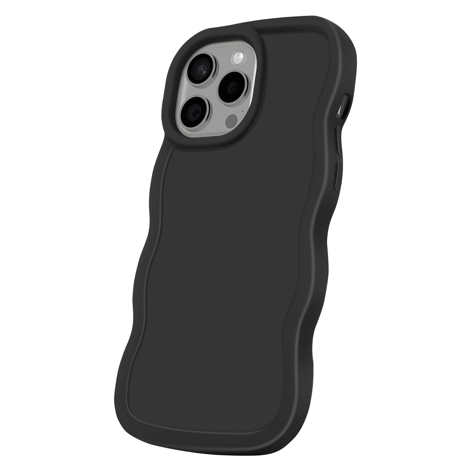 Una custodia per telefono nera con un bordo ondulato e strutturato, una fotocamera sopra.