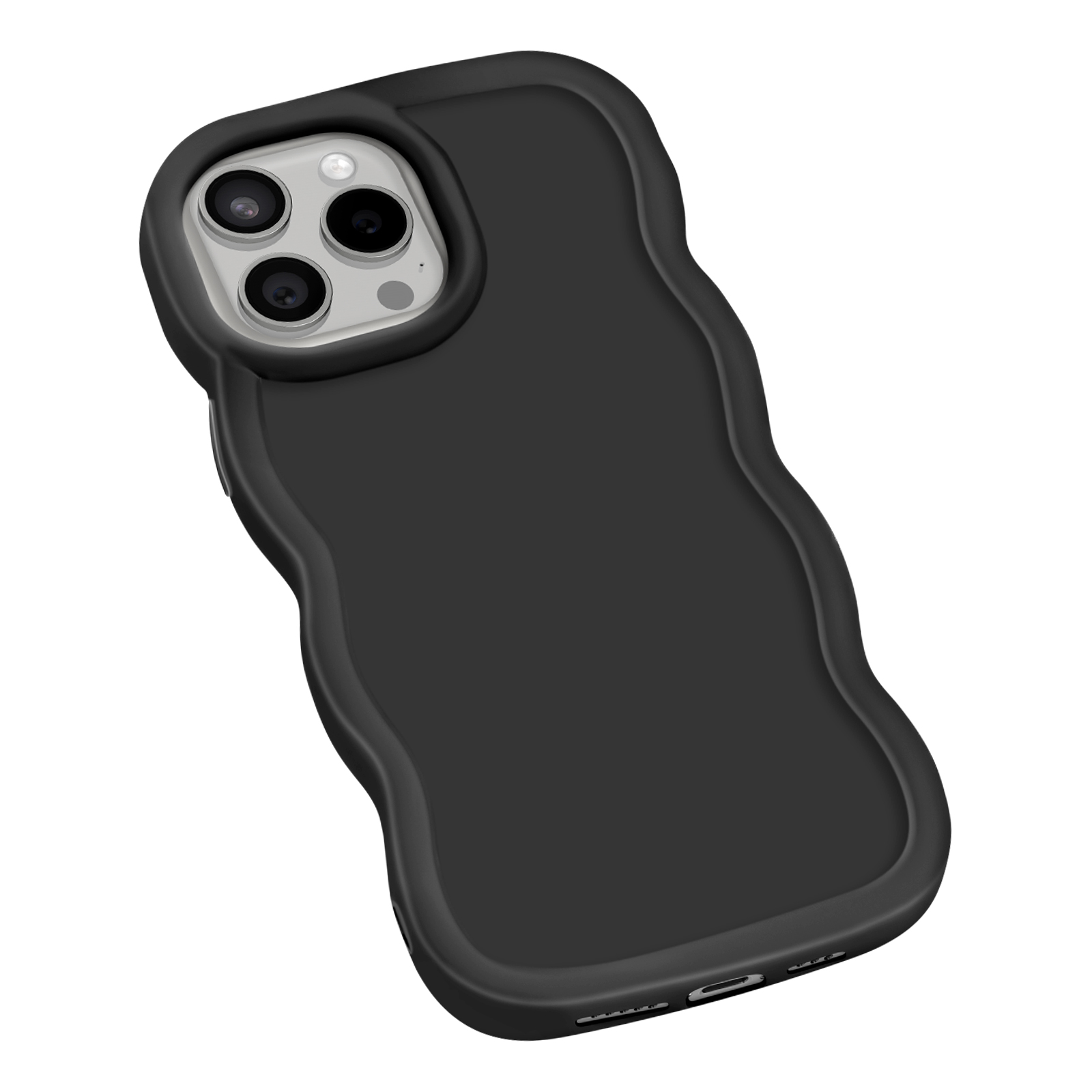 Custodia nera per telefono con bordi ondulati, che copre un telefono con lenti della fotocamera.