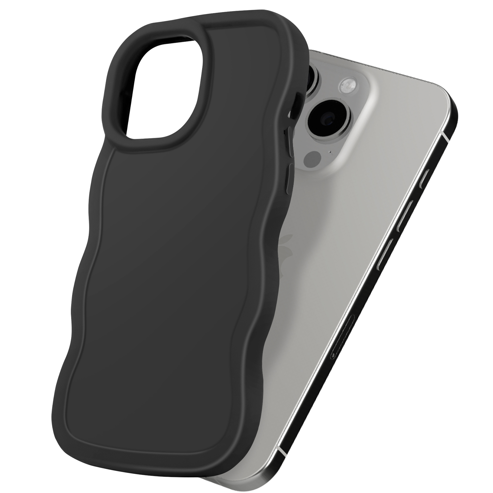 Custodia nera per telefono con design testurizzato, sopra un telefono argento.