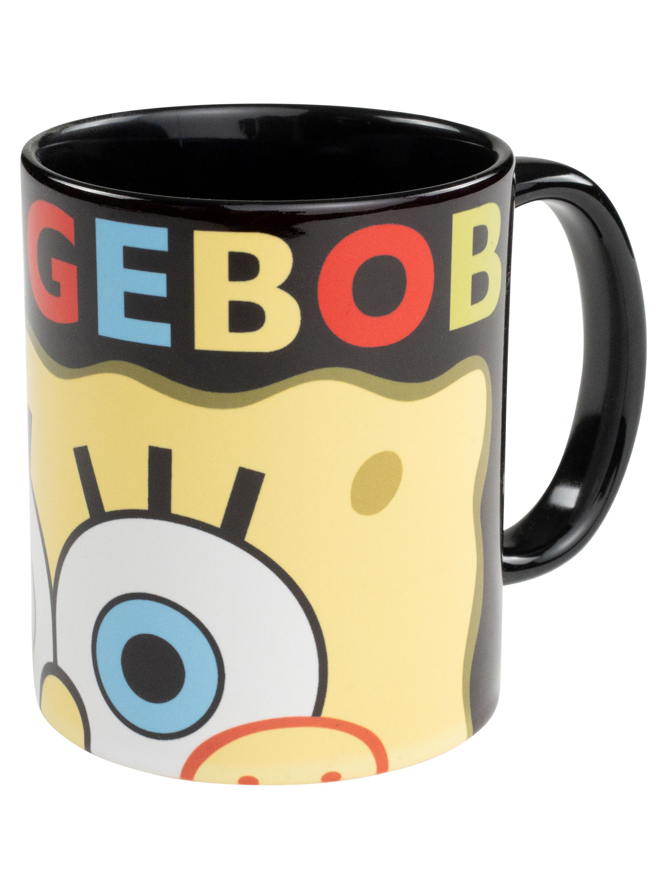 SpongeBob Schwammkopf Tasse, gelbes Gesicht mit blauen Augen und das Wort SPONGEBOB.