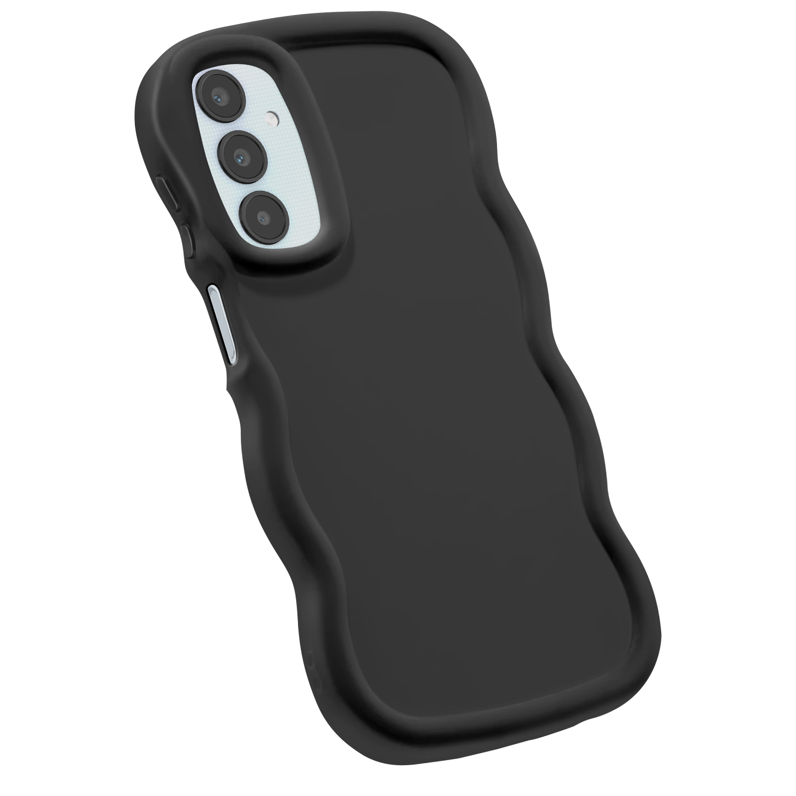 Eine schwarze Handyhülle mit wellenförmigem Design. Es hat ein Kameramodul und Knöpfe. Weißer Hintergrund.