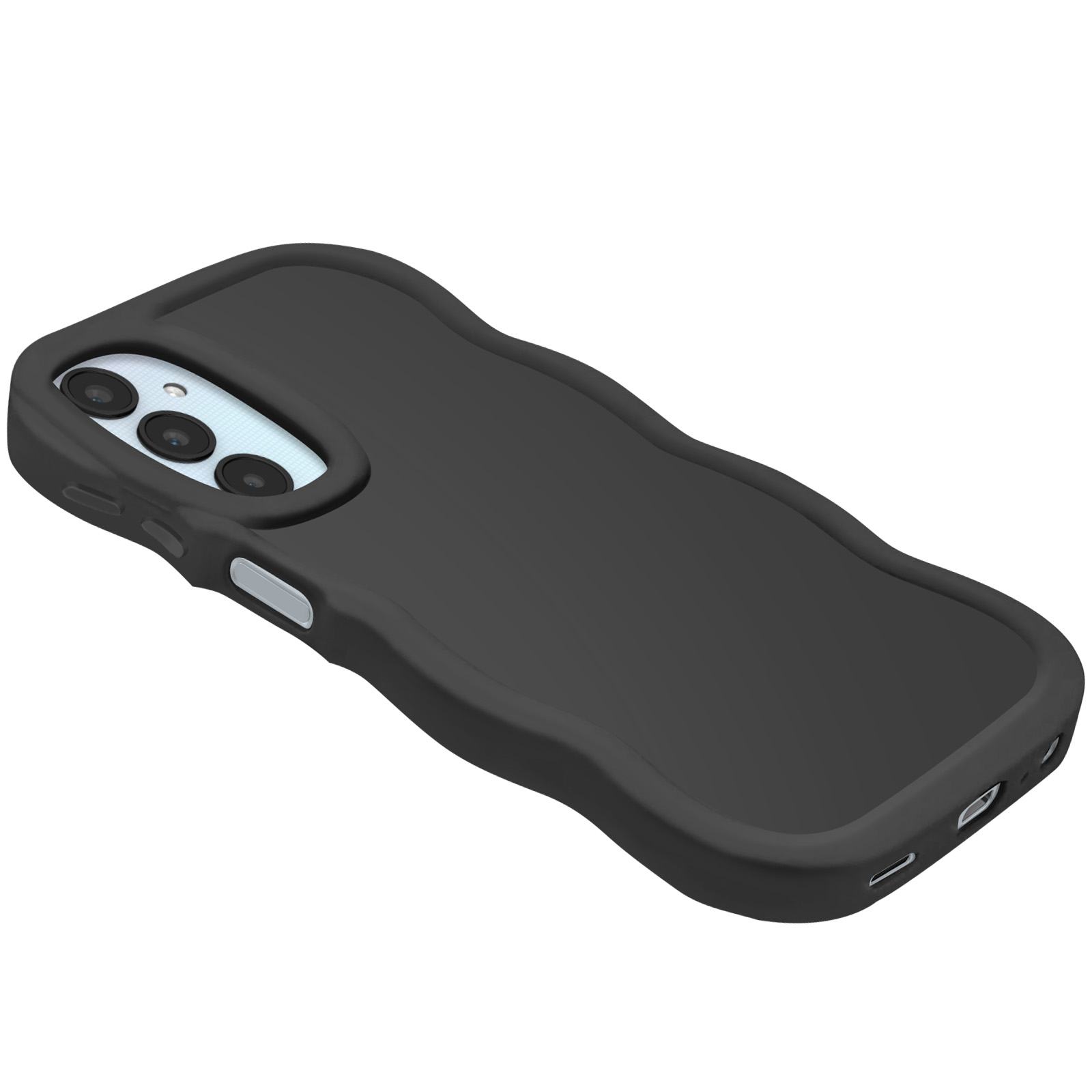 Schwarze Handyhülle mit wellenförmigem Design, drei Kameraausschnitten, auf weißer Oberfläche.