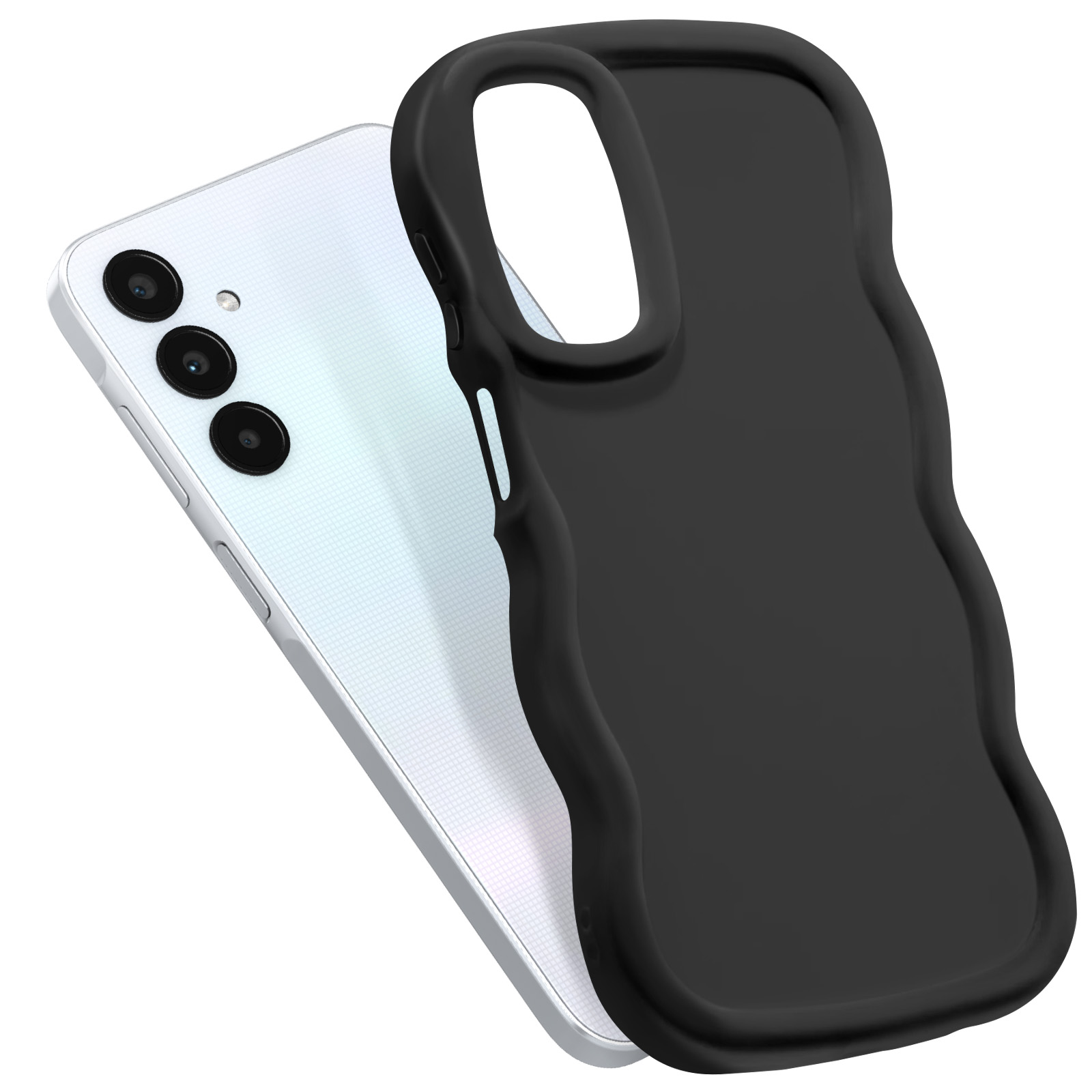 Weißes Smartphone mit schwarzer, wellenförmiger Hülle. Die Hülle bedeckt den Großteil der Rückseite des Telefons.