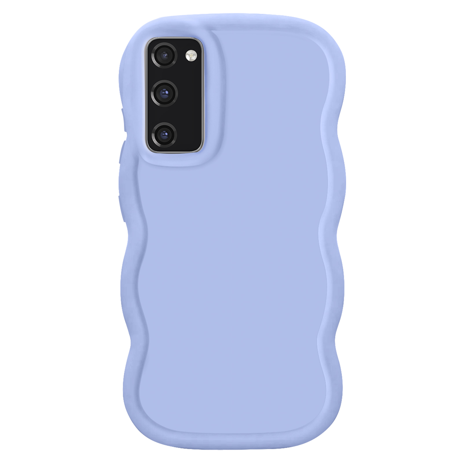 Una custodia per telefono viola chiaro con un design ondulato e tre fotocamere.