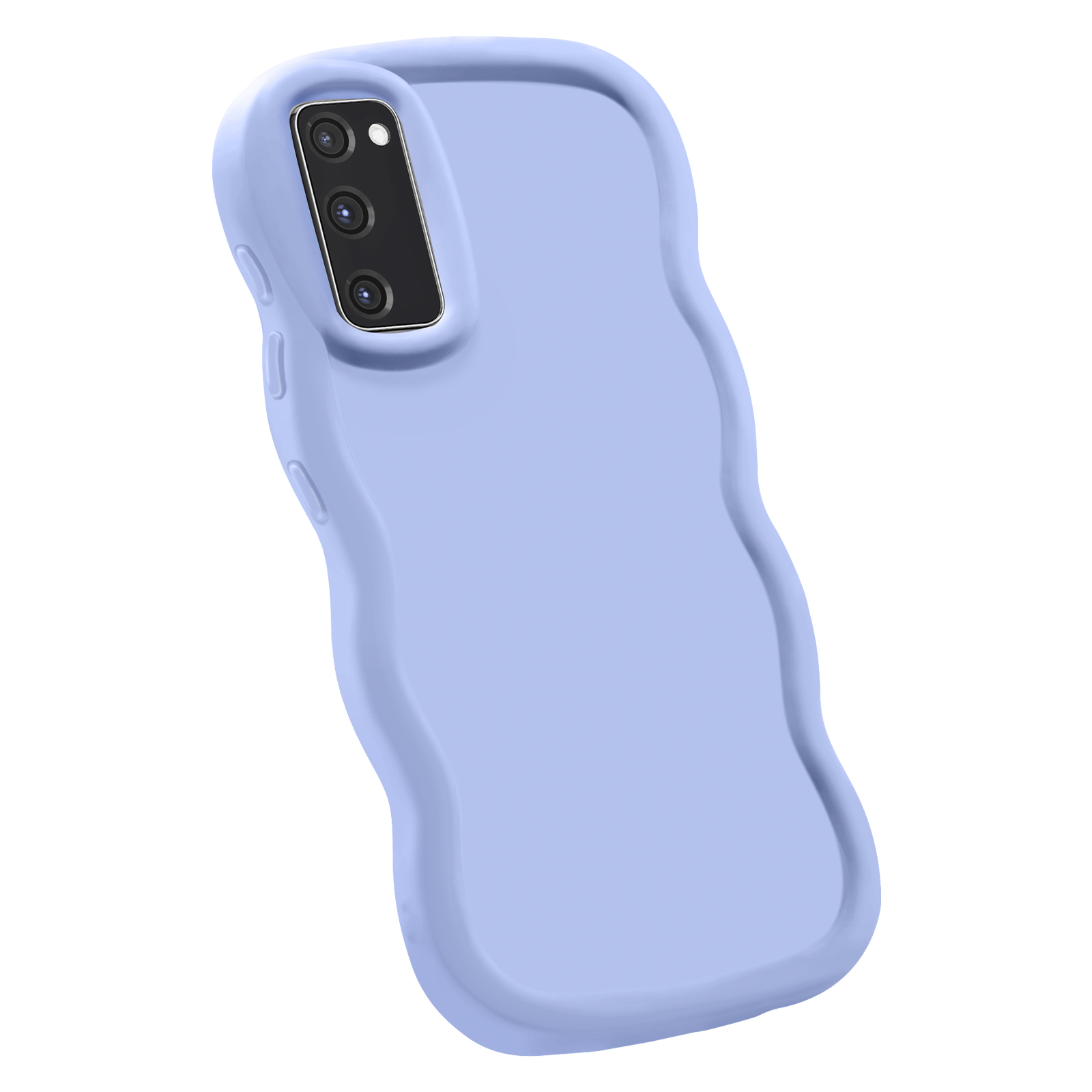 Custodia per telefono lilla, design ondulato, con fotocamera. Sfondo bianco.