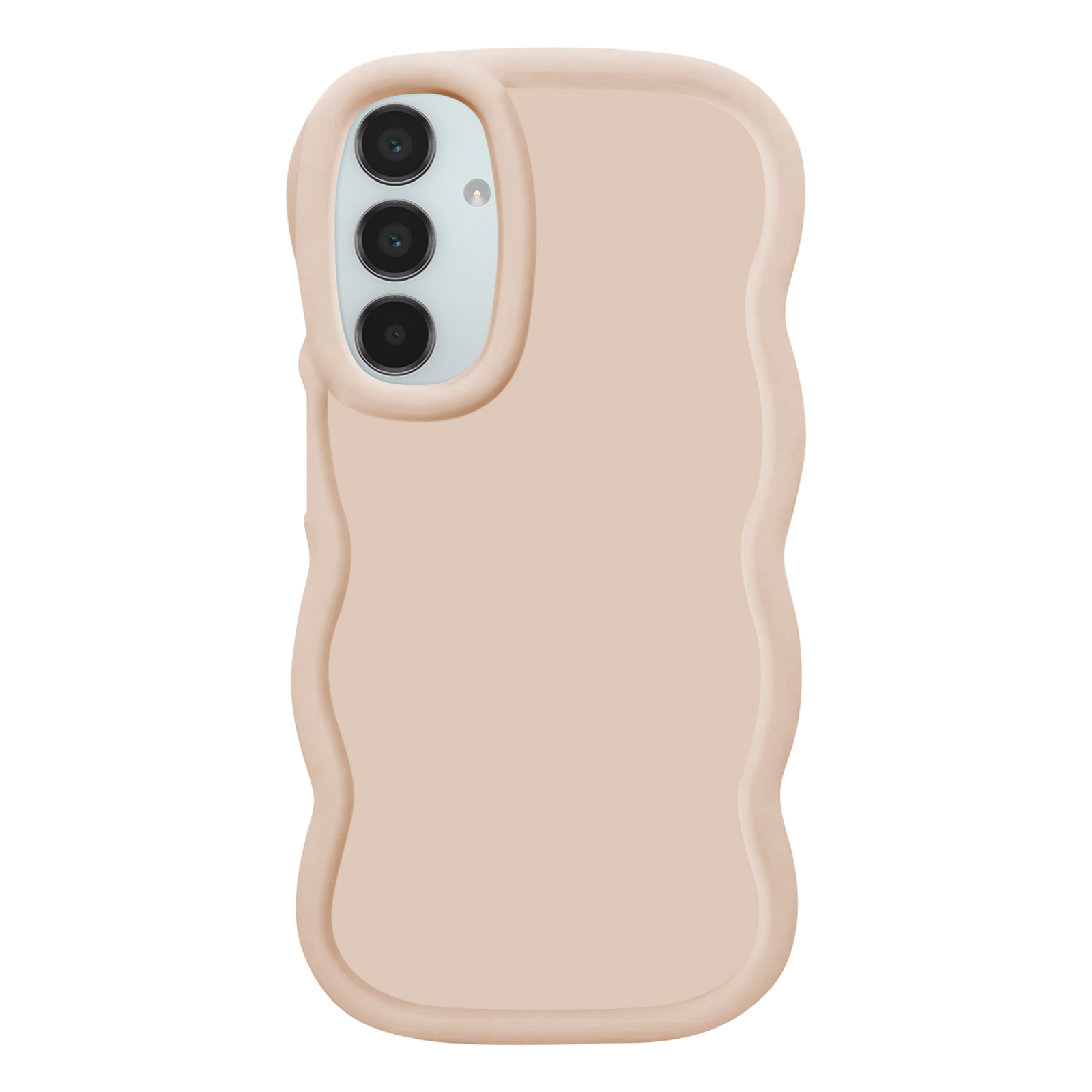 Custodia per telefono rosa con tre fori per la fotocamera. Il retro è ondulato.