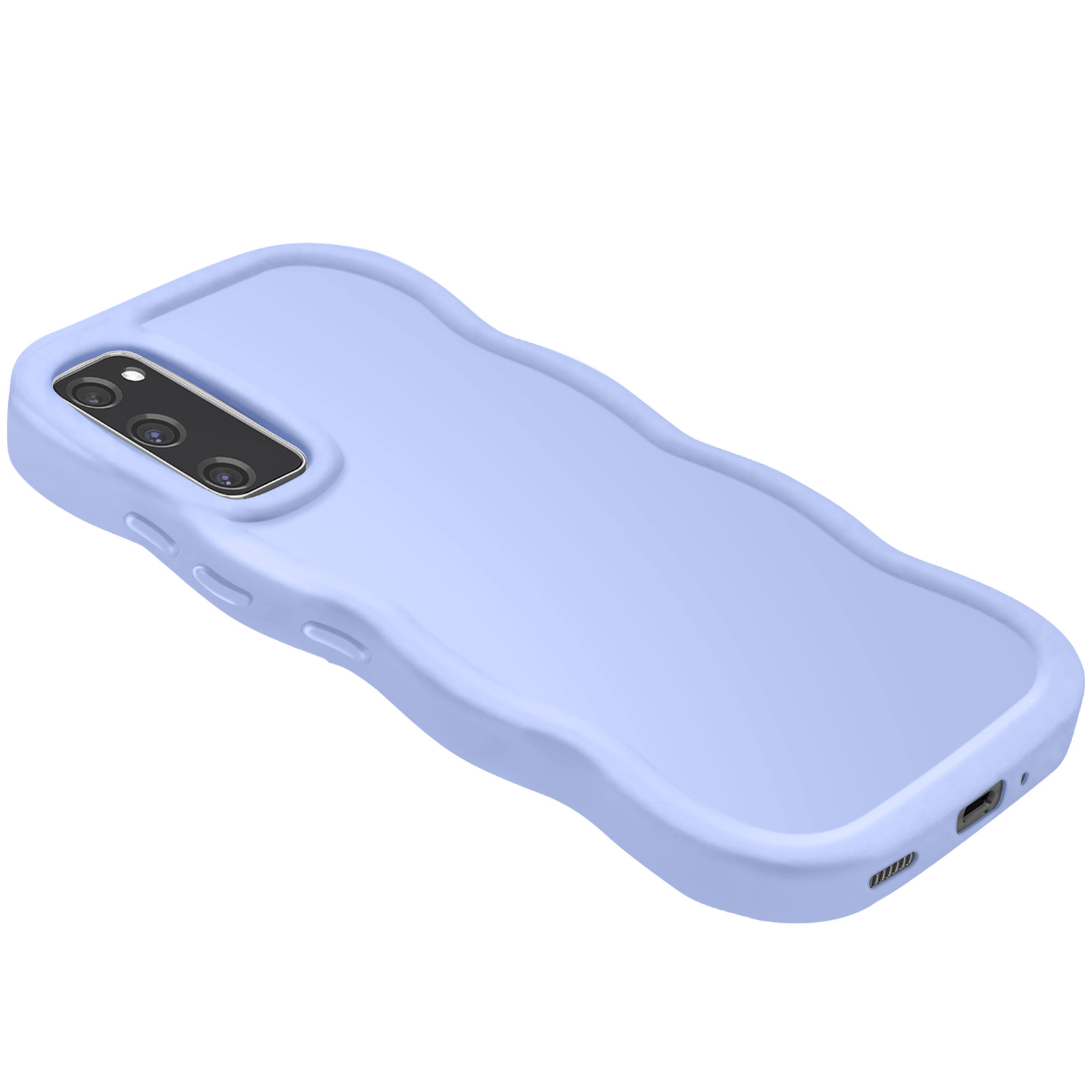 Una custodia per telefono azzurra con un design ondulato, prospettiva angolata.