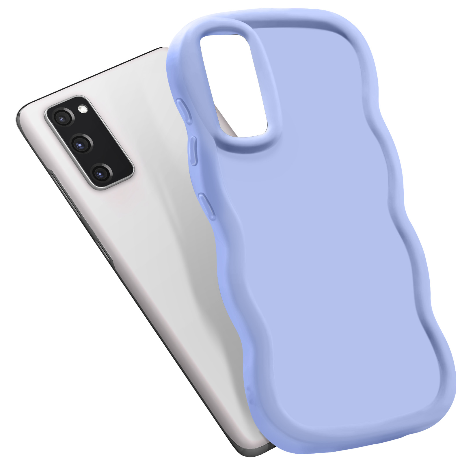 Una custodia per telefono blu chiaro poggia su un telefono bianco. La custodia ha bordi ondulati.