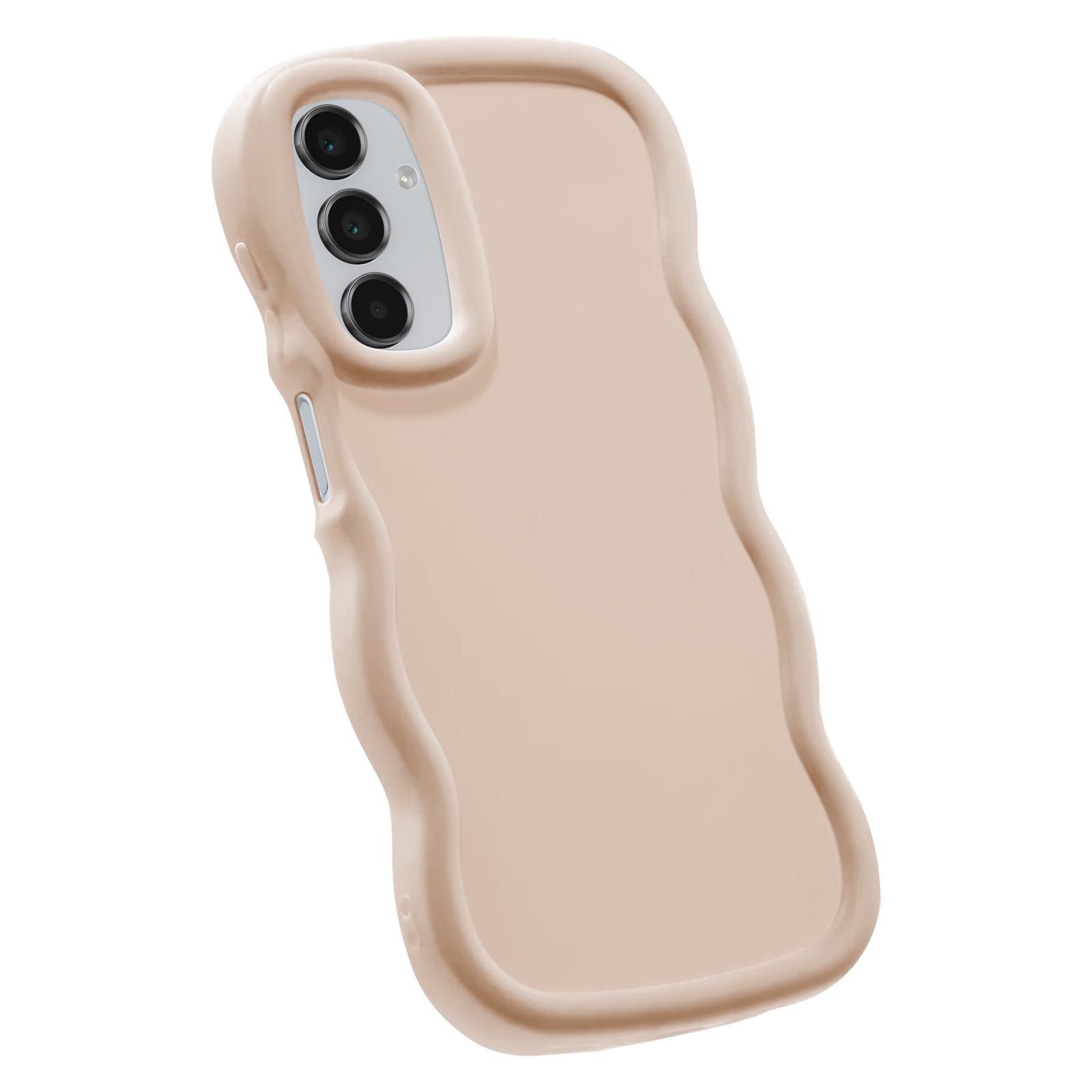 Una custodia per telefono rosa chiaro con tre lenti della fotocamera e un design ondulato.