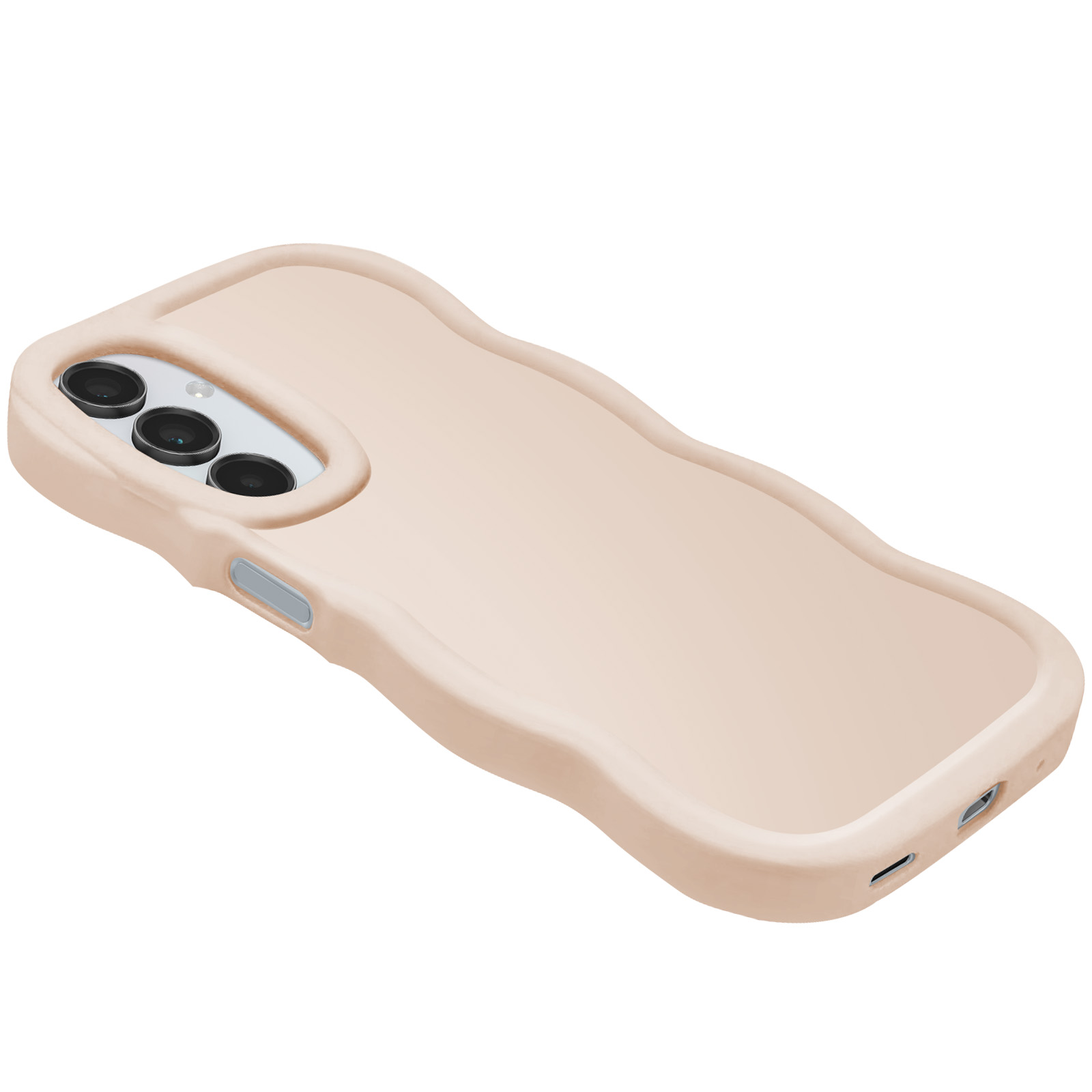 Custodia rosa per telefono con bordi ondulati, tre lenti della fotocamera.