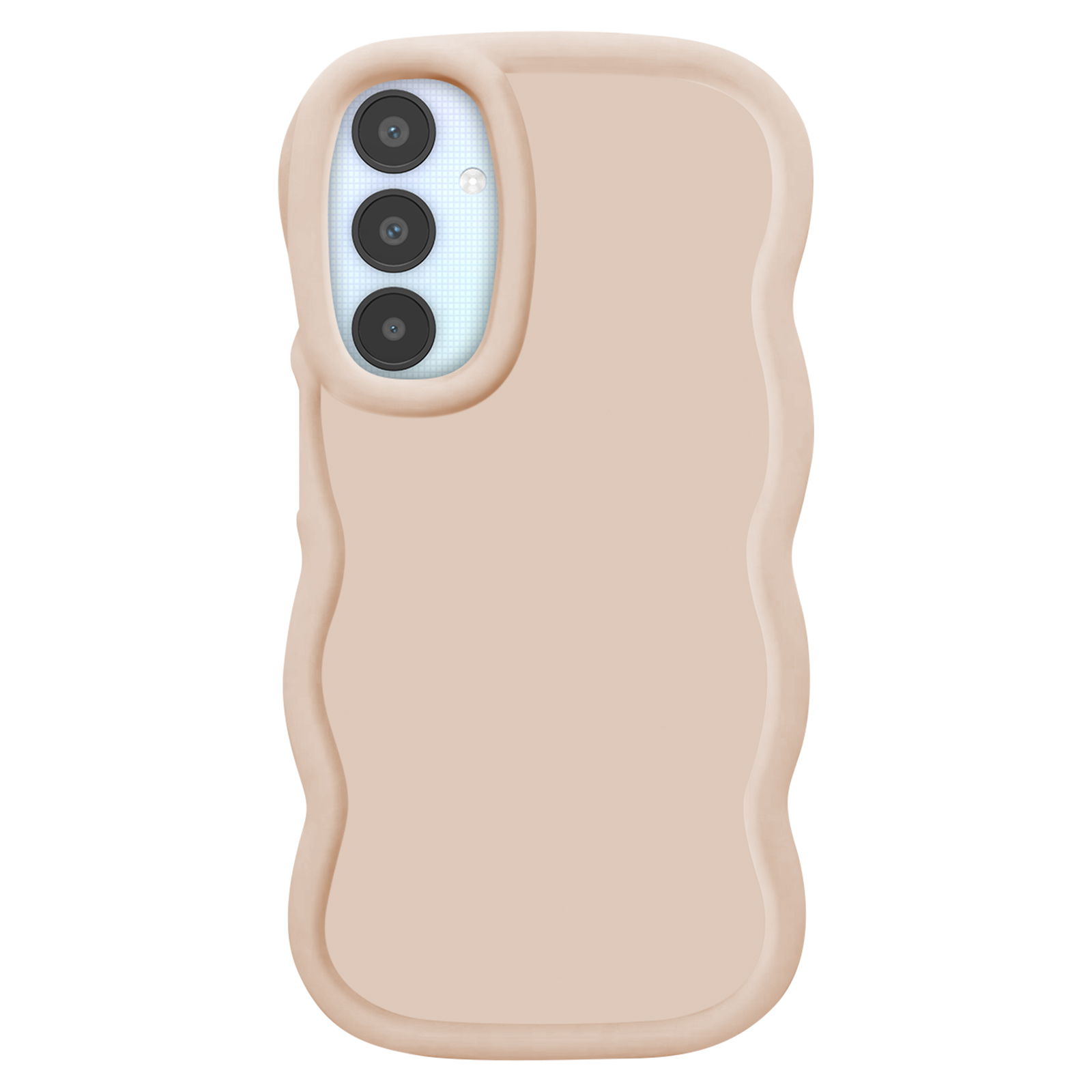 Custodia beige con bordi ondulati. Modulo fotocamera con tre lenti.