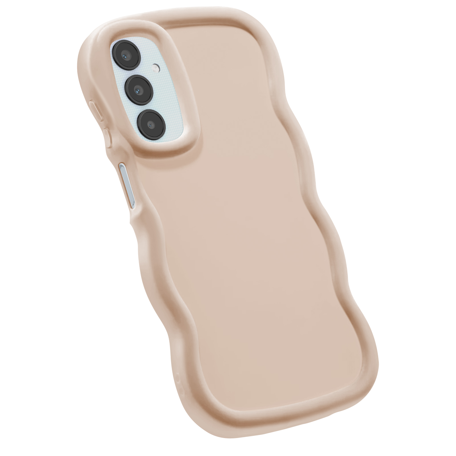 Una custodia per telefono color pesca con bordo ondulato e tre fotocamere.