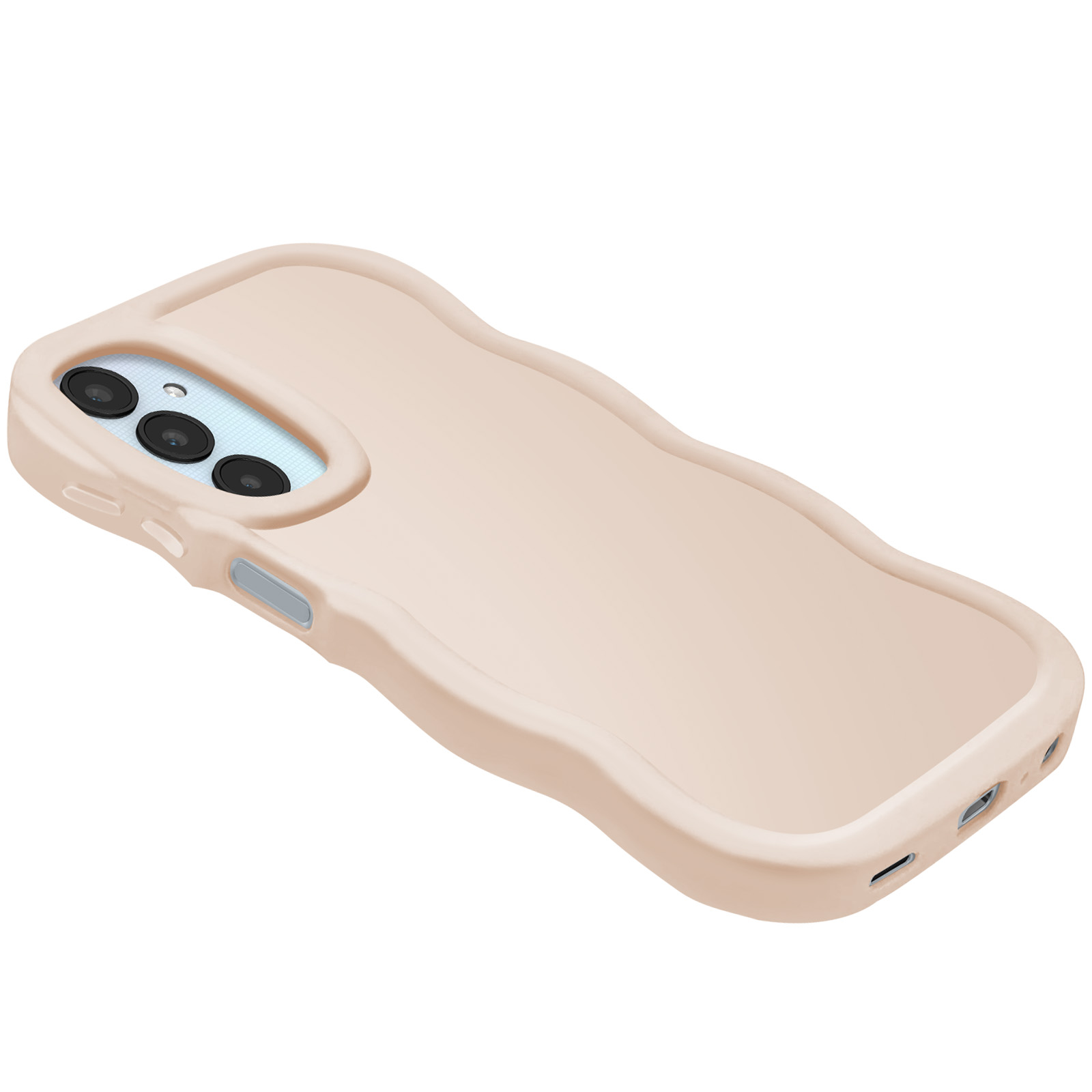 Una custodia per telefono rosa chiaro con un design ondulato e un telefono con tre obiettivi.