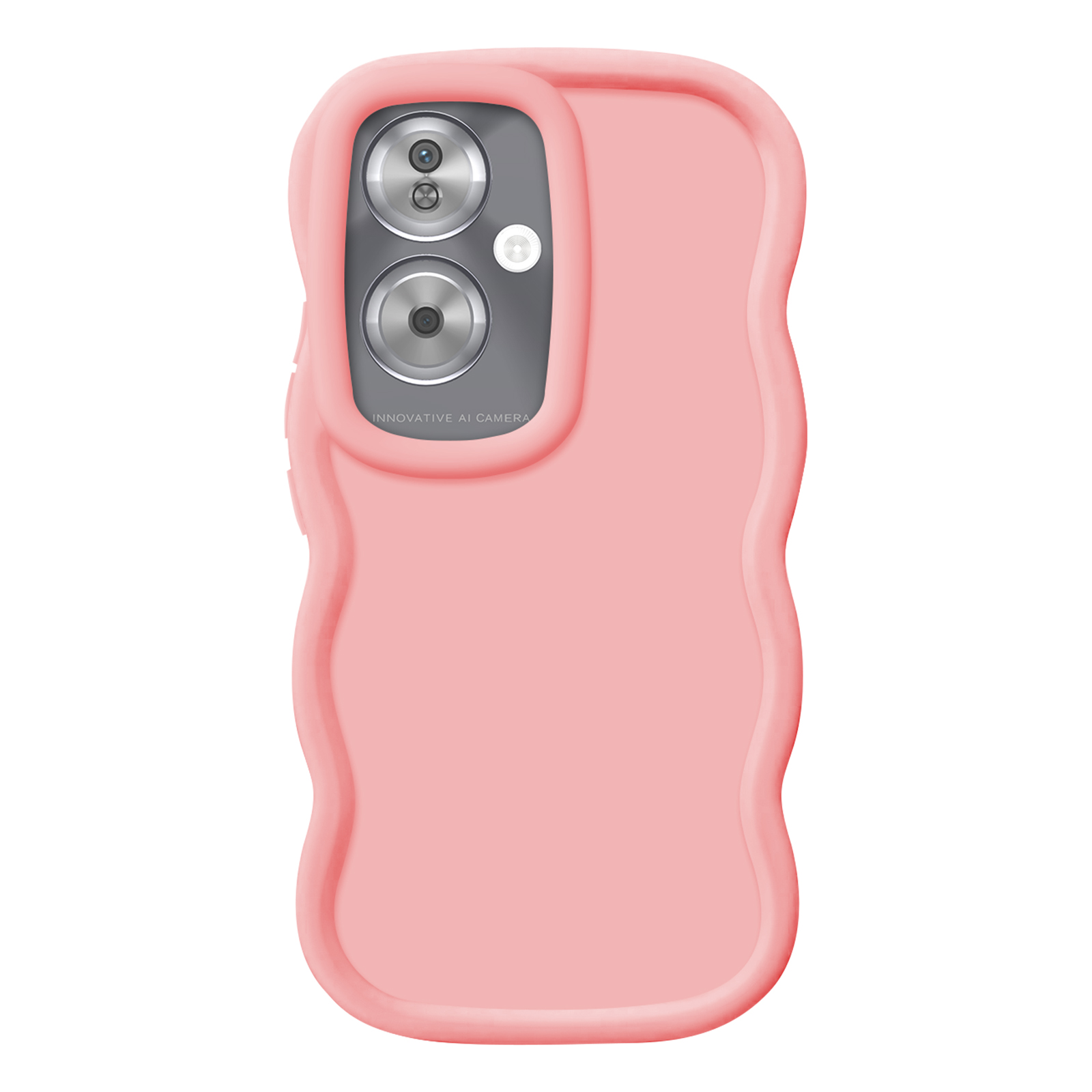 Custodia rosa per telefono con bordi ondulati, che copre il retro di un telefono con fori per la fotocamera.