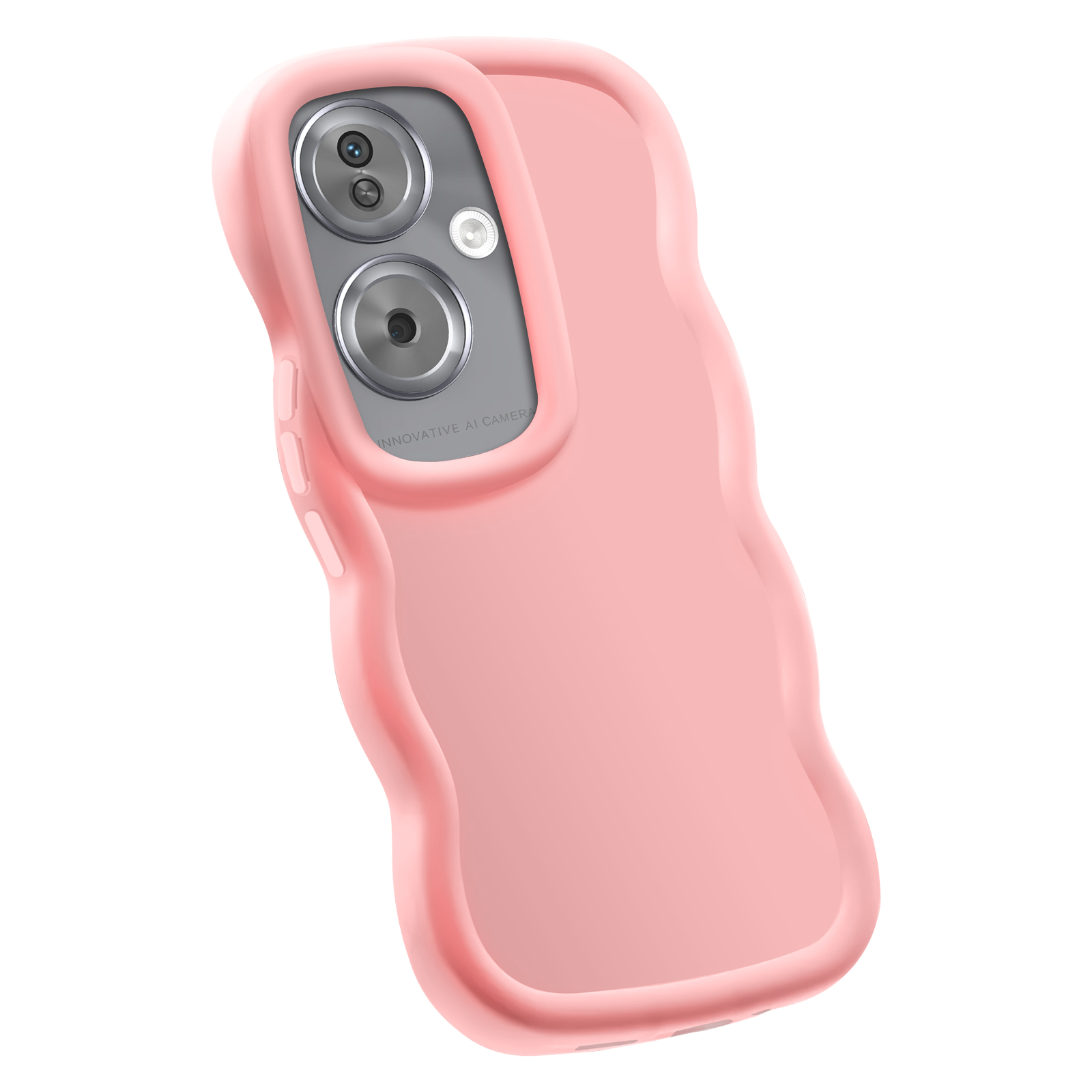 Custodia rosa per telefono con design ondulato. Presenta ritagli per la fotocamera e una superficie liscia.