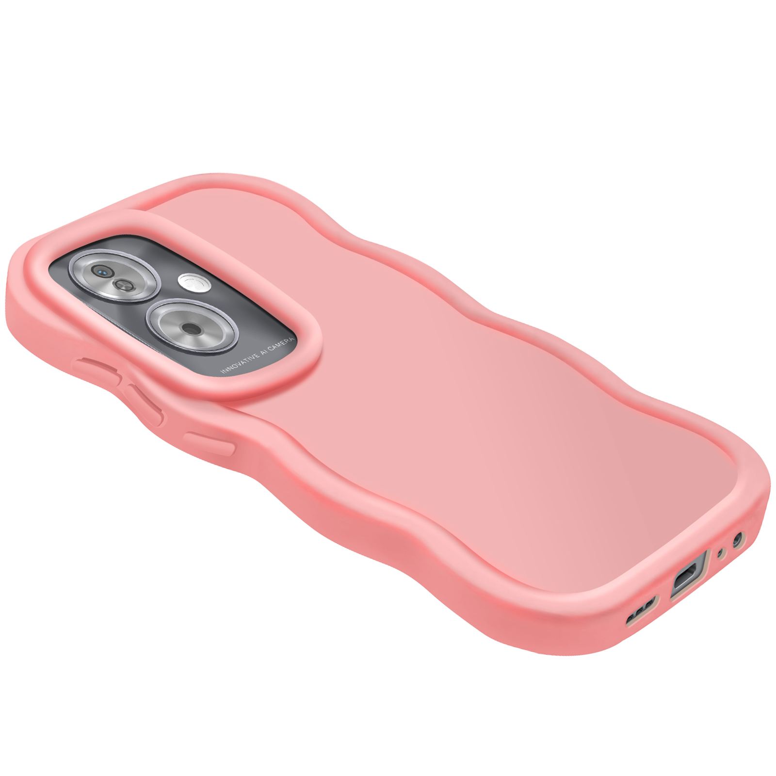 Una custodia rosa per telefono con un design ondulato, con un ritaglio per la fotocamera. Sfondo bianco.