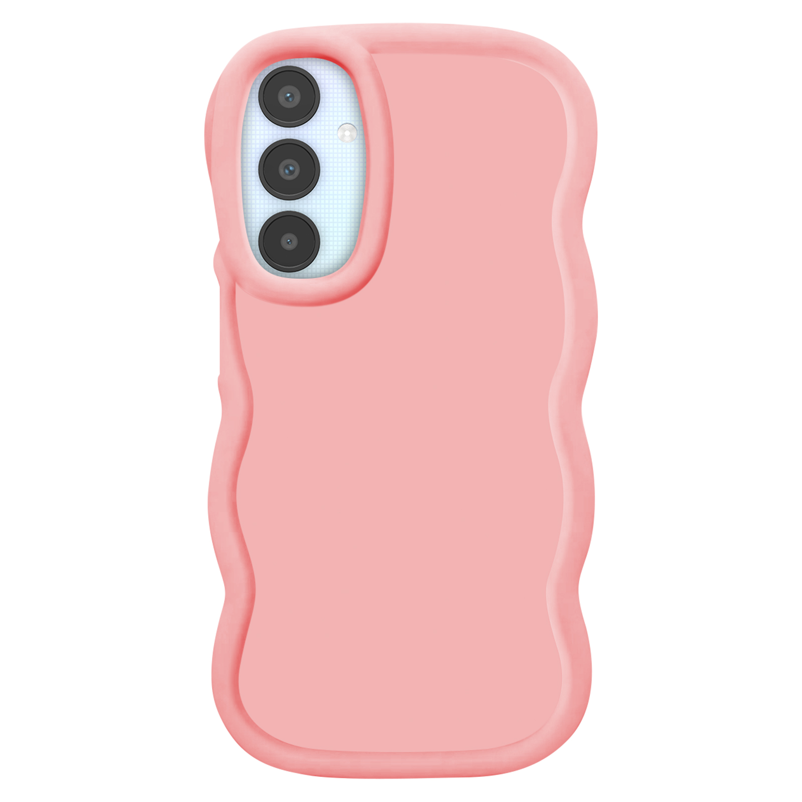 Custodia per telefono rosa con un design ondulato, con ritagli per la fotocamera.