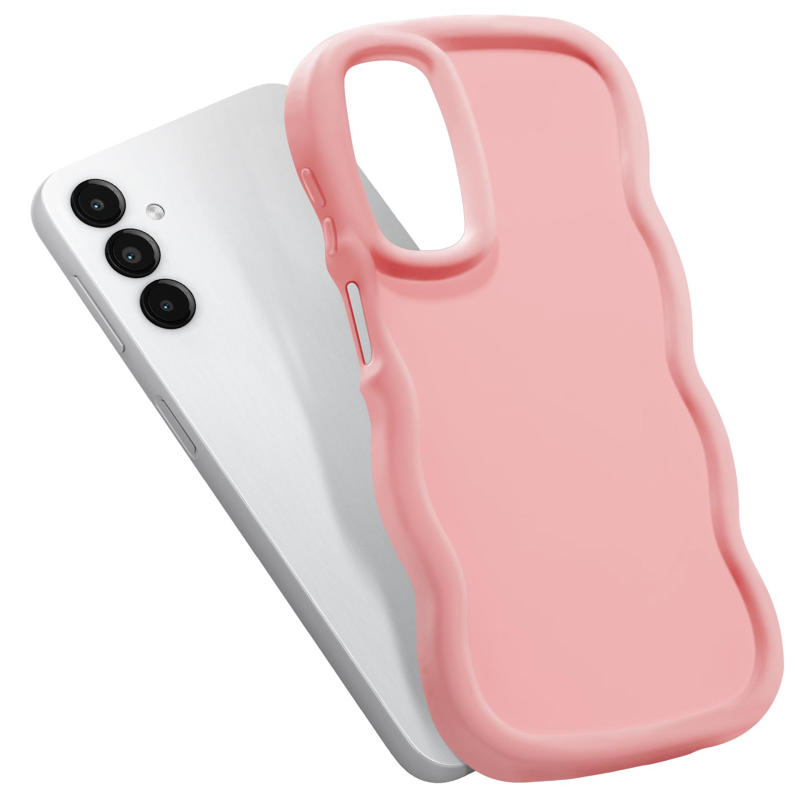 Rosafarbene Handyhülle auf weißem Handy. Die Hülle hat ein wellenförmiges Design.