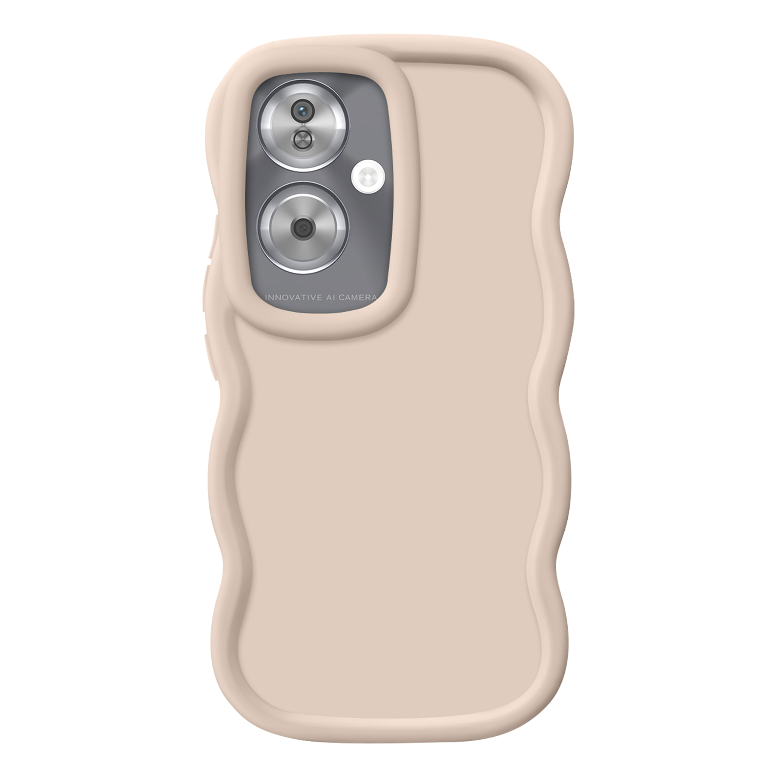 Custodia per telefono beige con design a onde. La custodia ha due ritagli per la fotocamera. I bordi sono ondulati.