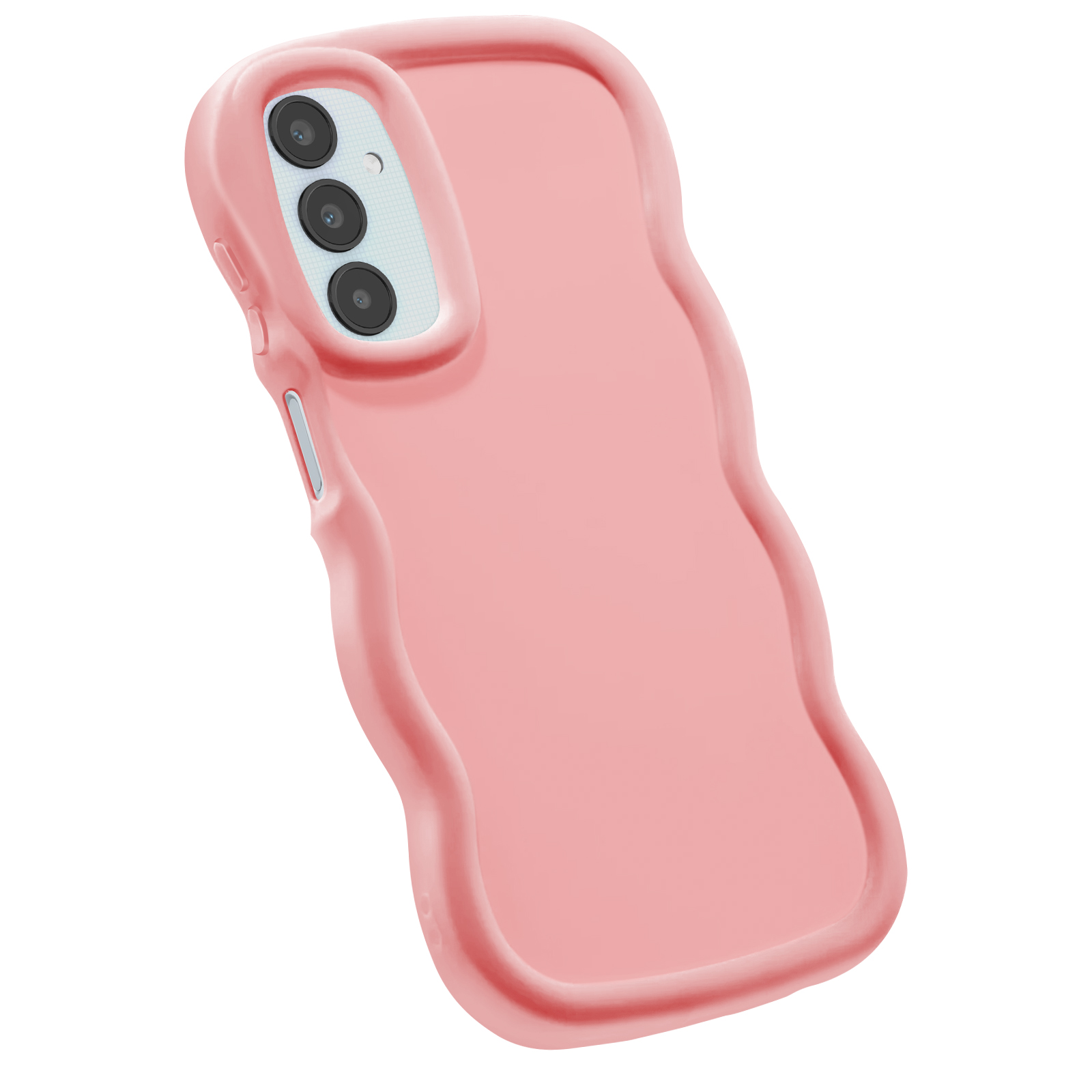 Custodia rosa per telefono con bordo ondulato, che mostra tre fotocamere.