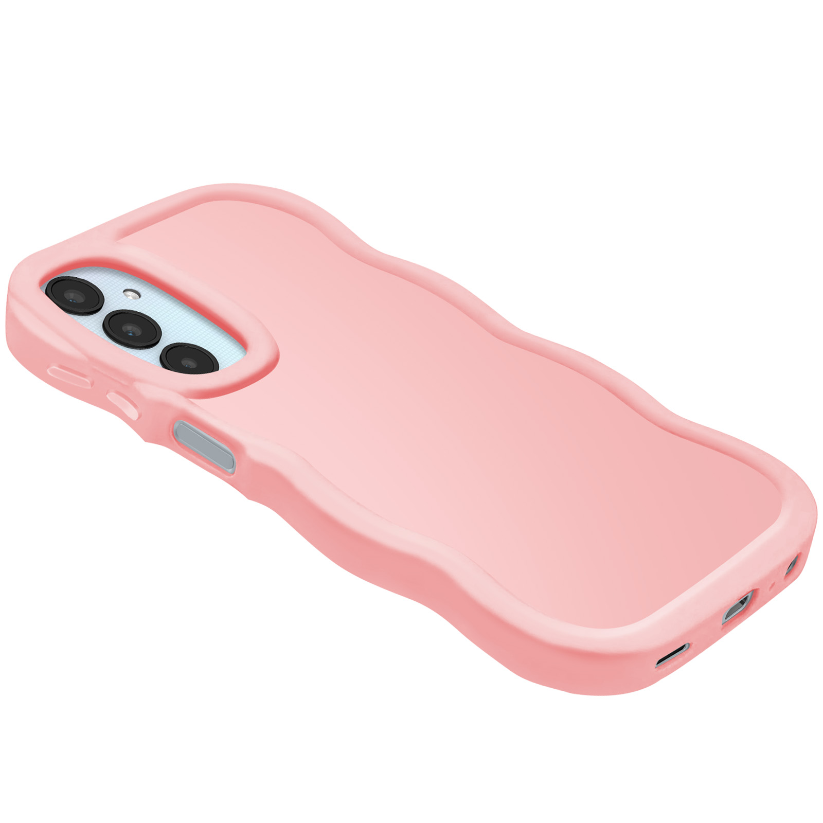 Custodia rosa per telefono. La custodia ha un design a bordo ondulato. Sono visibili tre fori per la fotocamera.