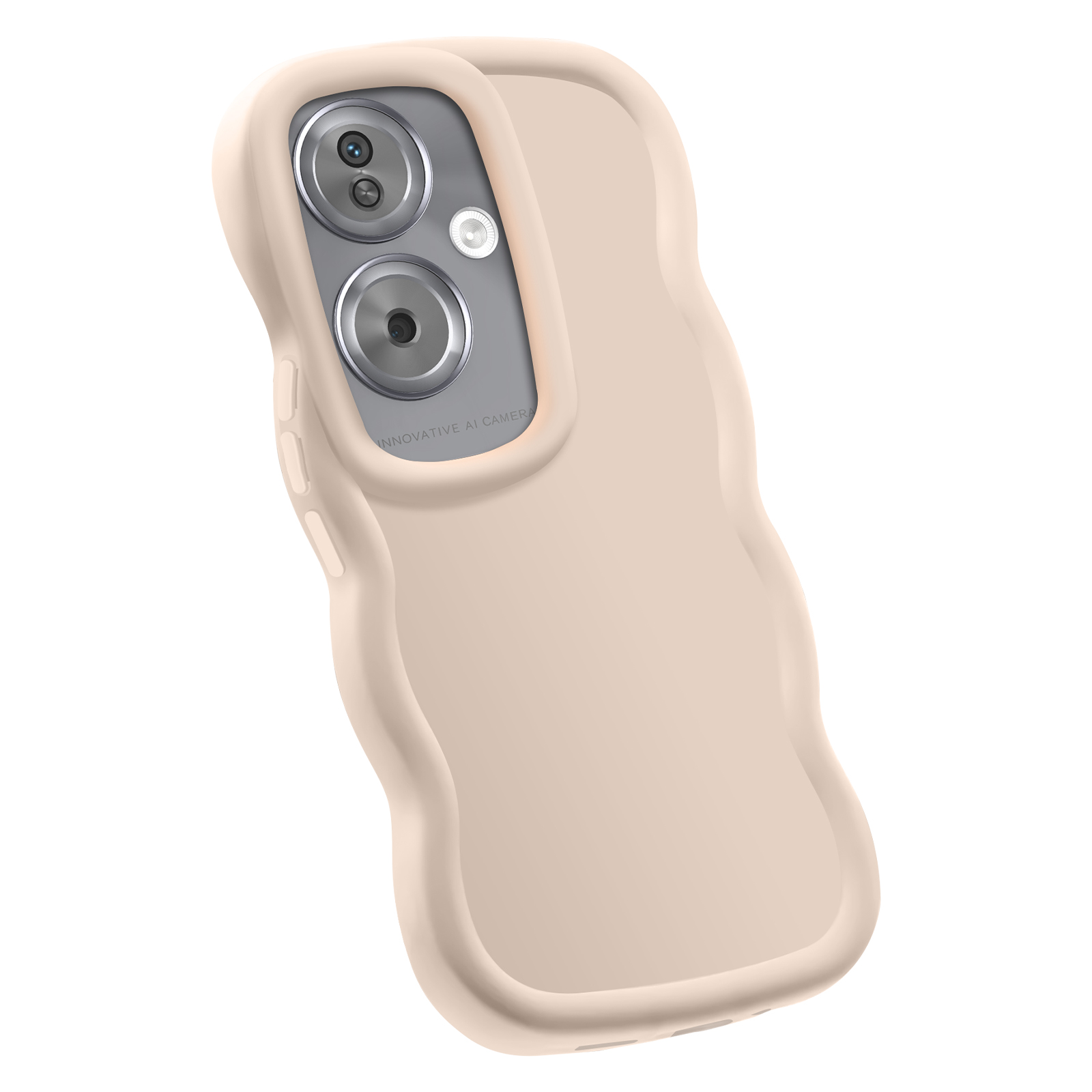 Una custodia per telefono beige chiaro con un design ondulato. La fotocamera del telefono è visibile.