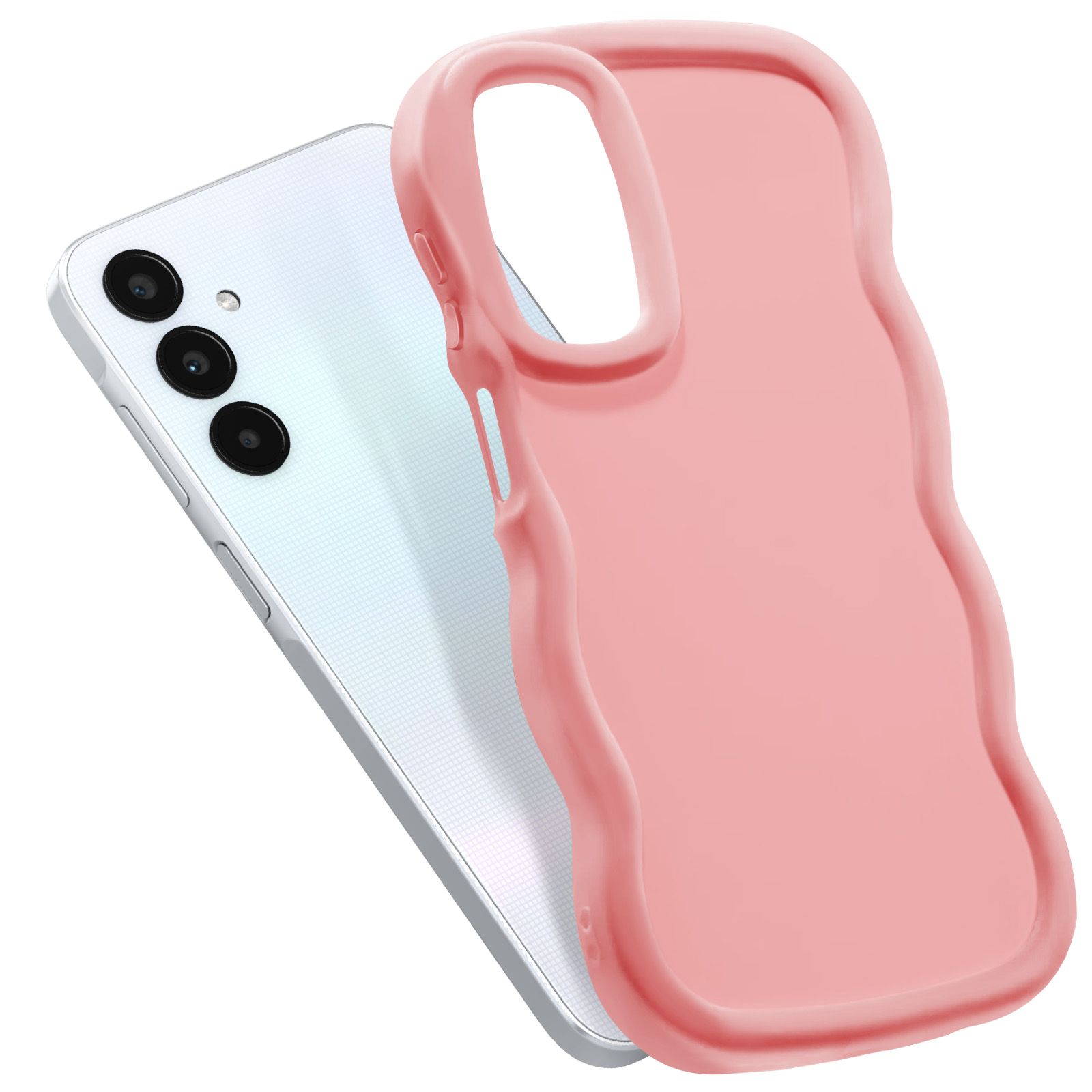 Custodia rosa per telefono su un telefono bianco. La custodia è ondulata, il telefono ha tre lenti.